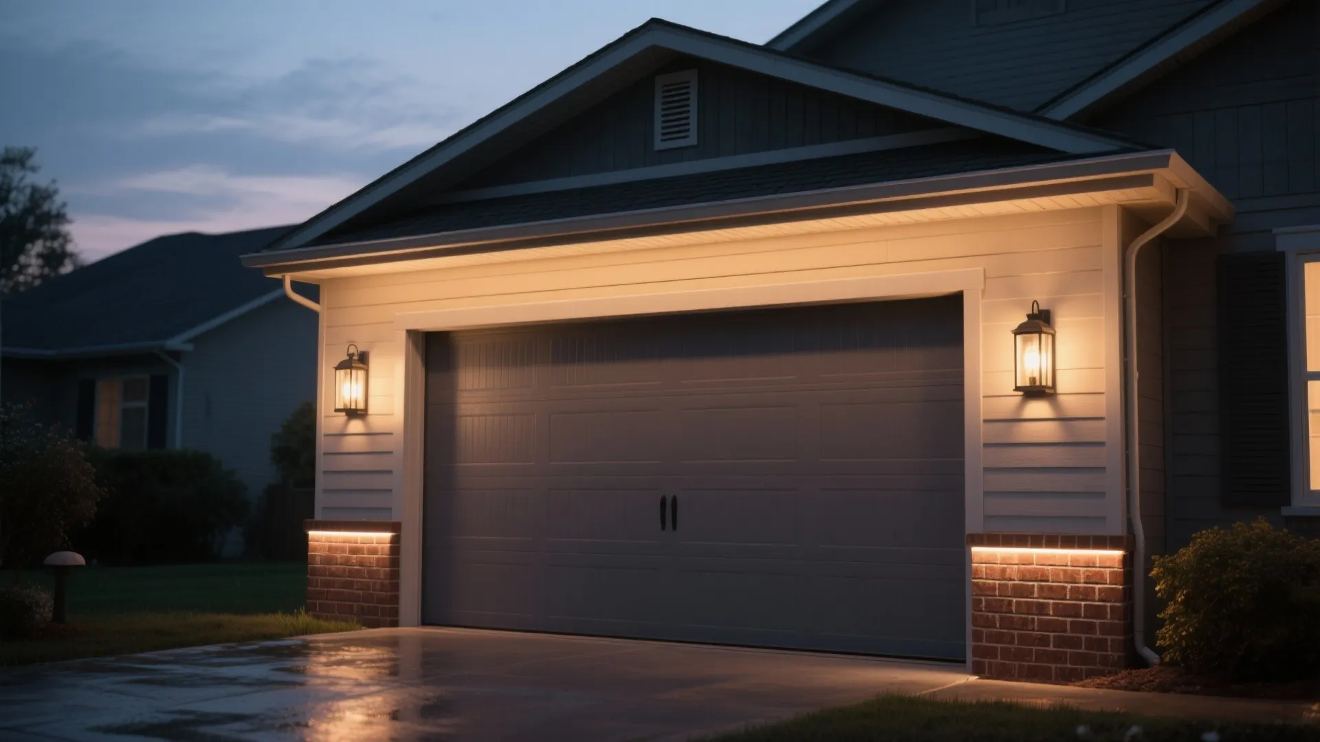Two classic wall lights mounted on white garage walls with warm yellow glow at night