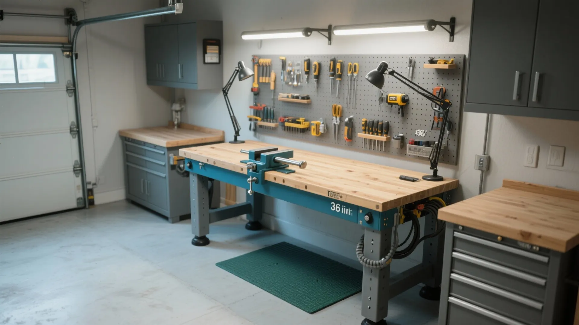 Modern organized garage workbench with wood top blue frame tools on wall and grey cabinets