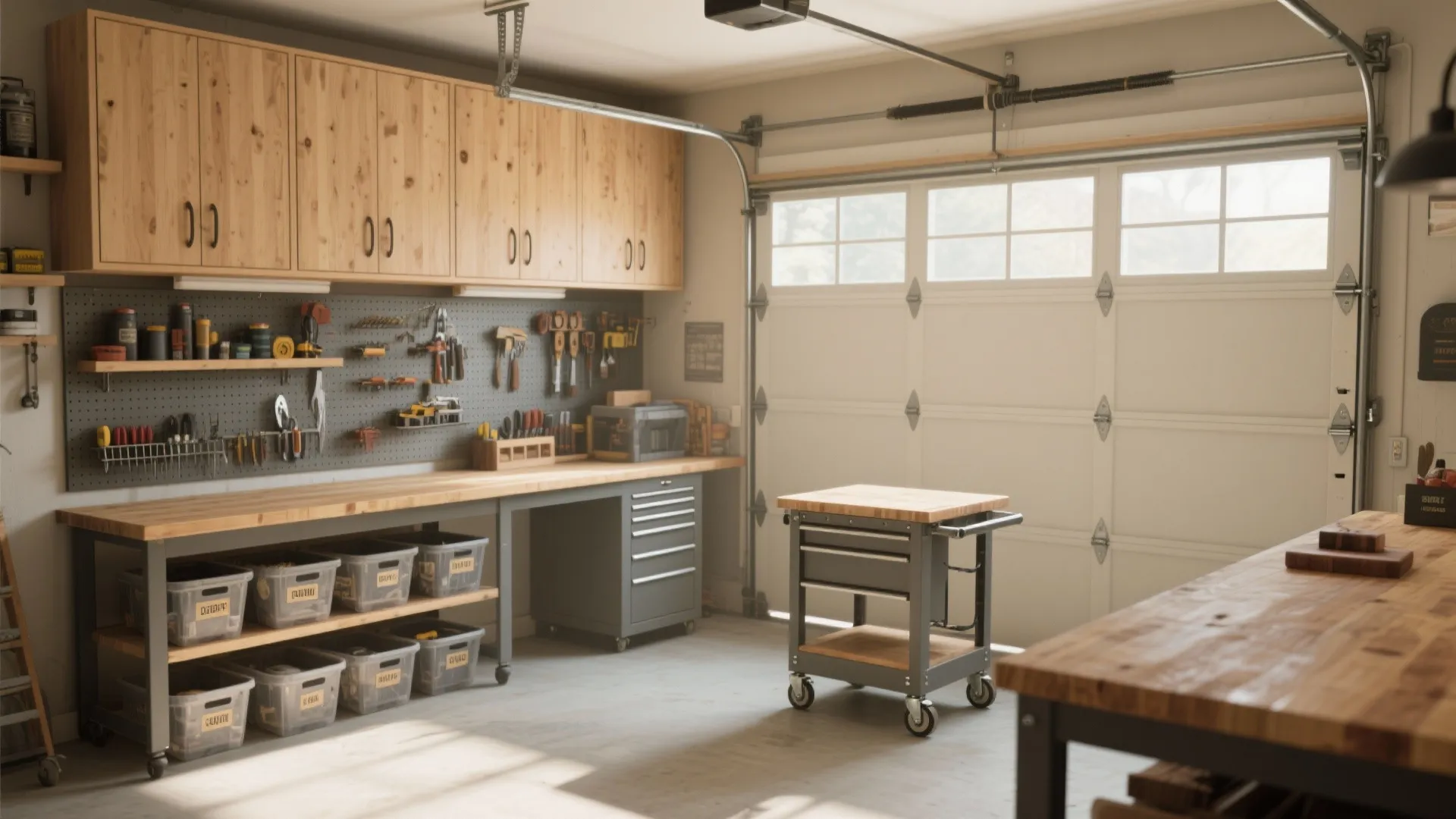 Organized garage workshop with wood cabinets pegboard tools storage bins and a rolling tool cart