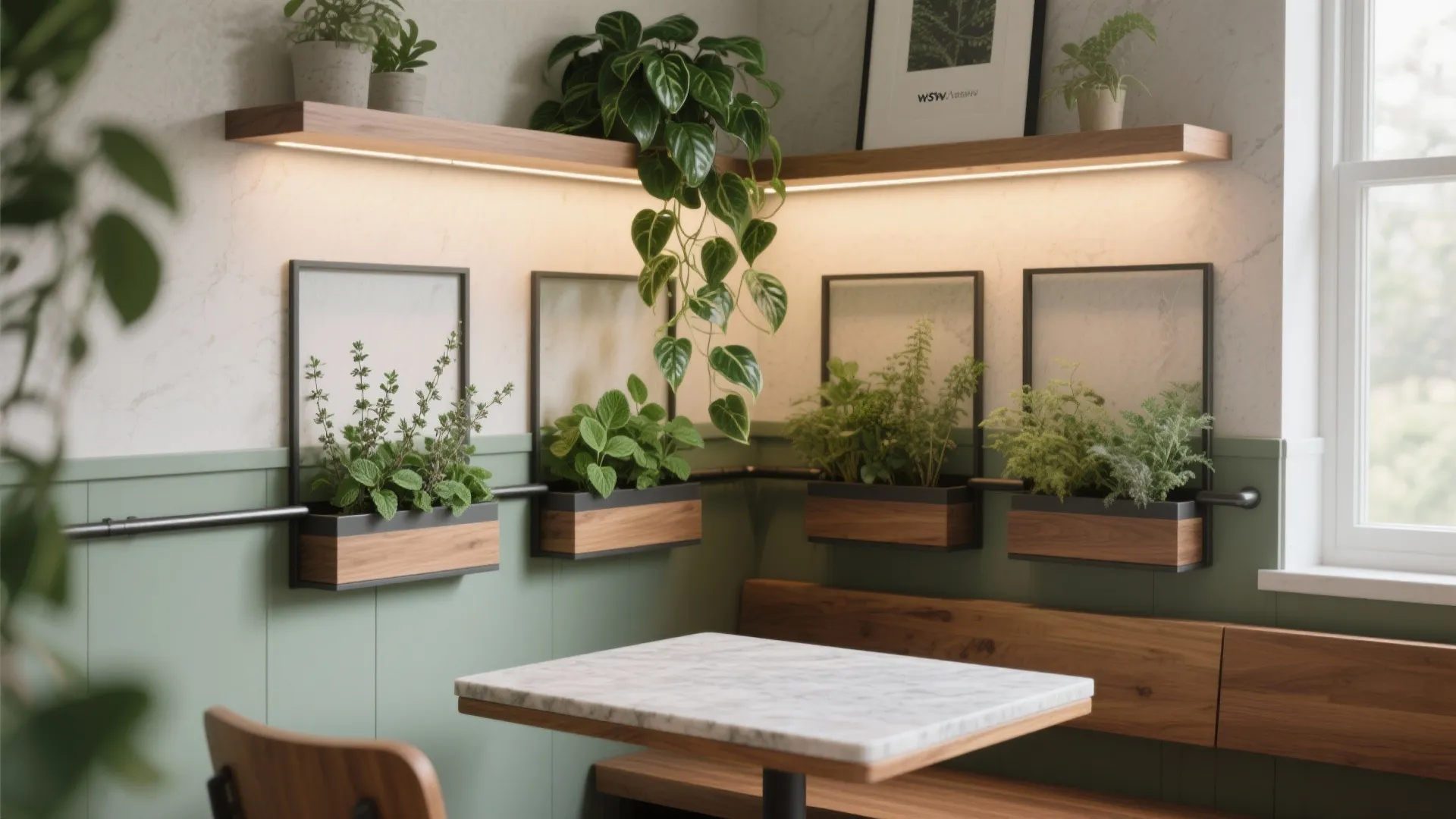 Indoor dining area with green wall panels wooden shelves marble table and wall mounted plants