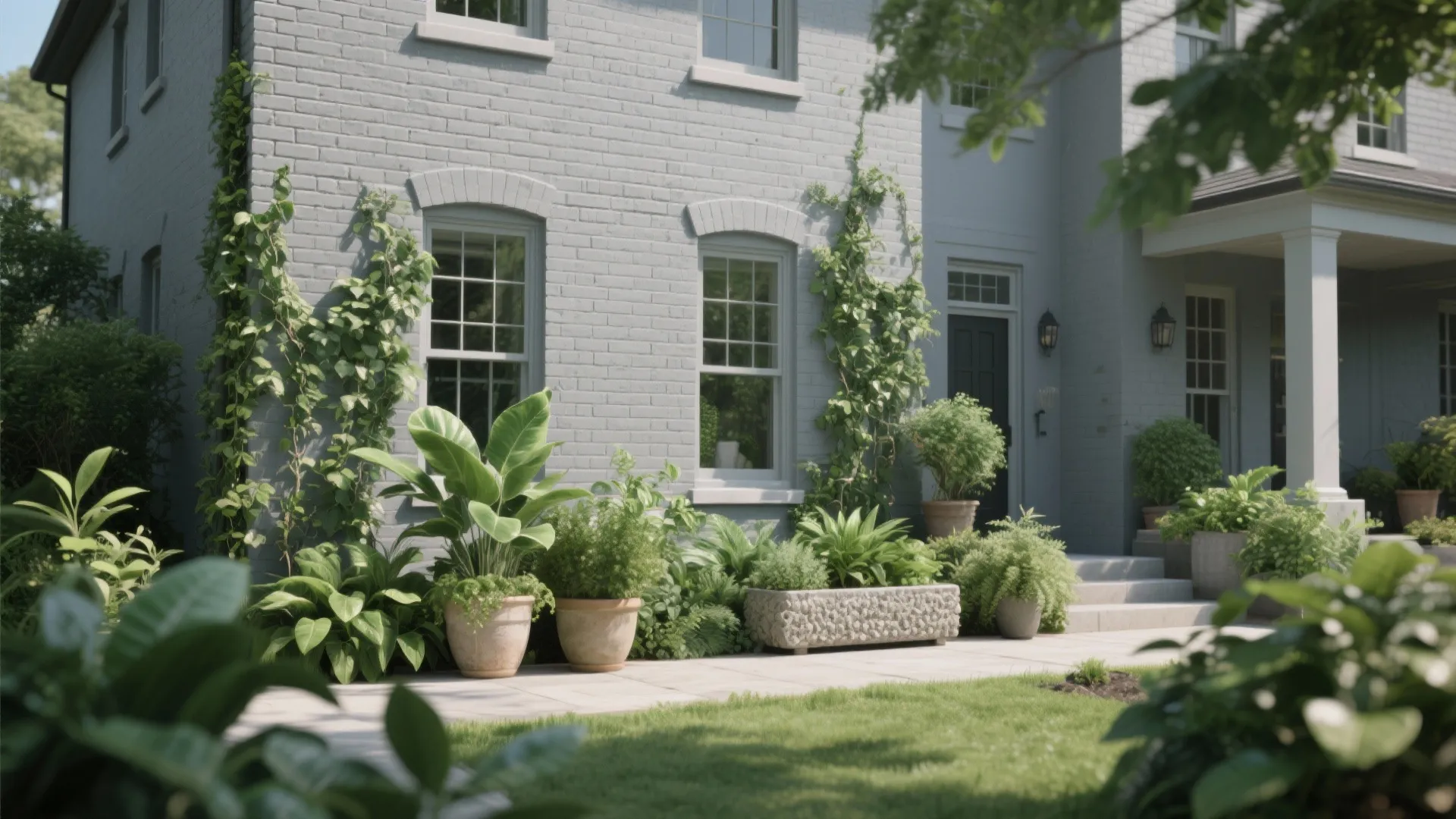Exterior of a grey brick house with green climbing vines and many potted plants outdoors