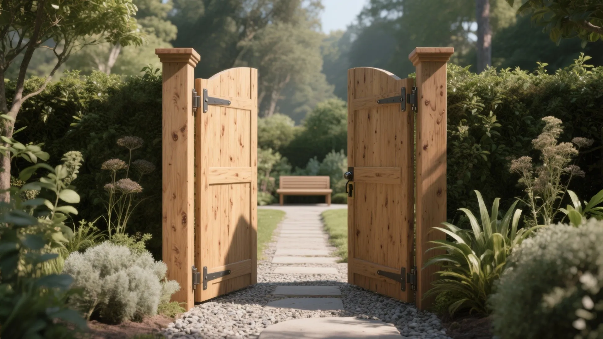 Open wooden garden gates showing a stone walkway surrounded by green plants and a wooden bench