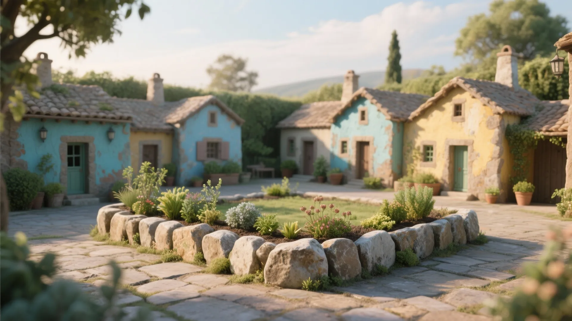 4. Garden-edge painted rock houses for micro courtyards