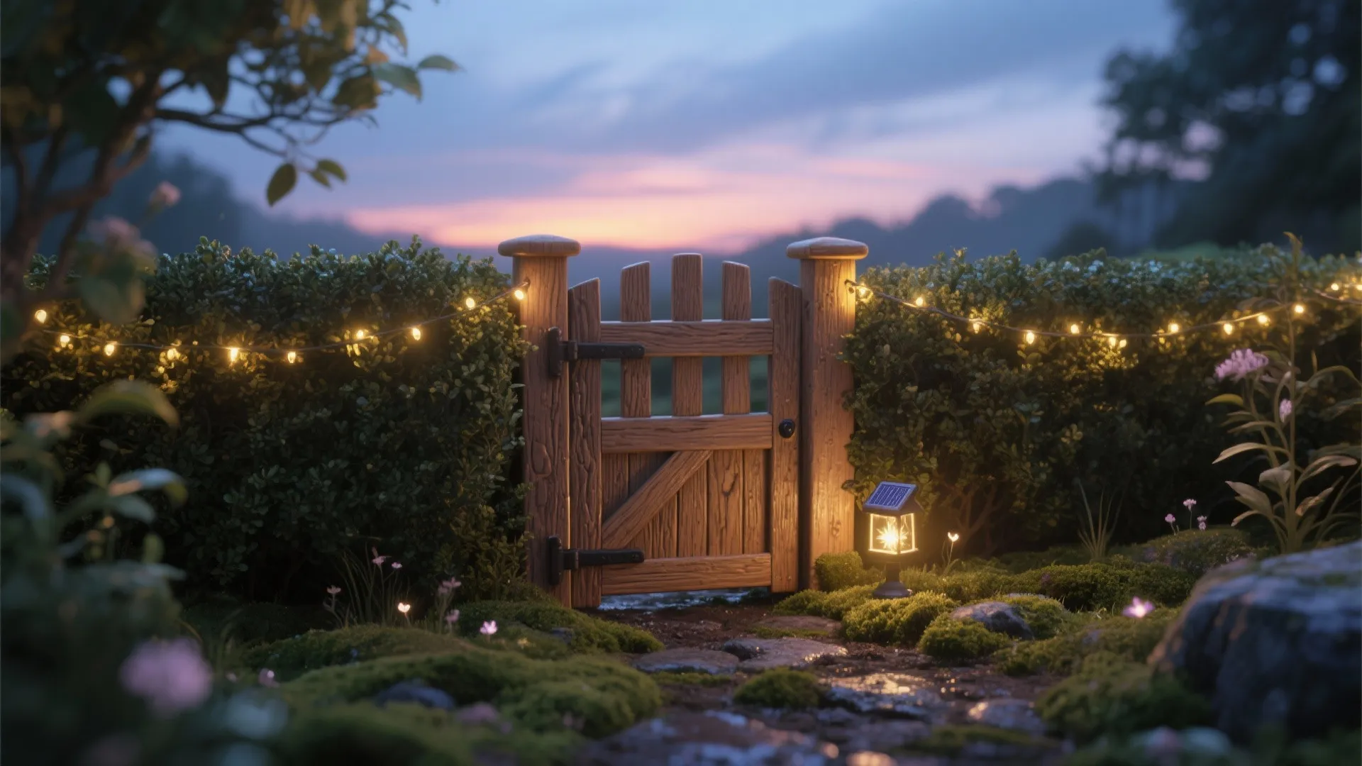 Wooden garden gate with string lights on hedges and a small solar light at sunset