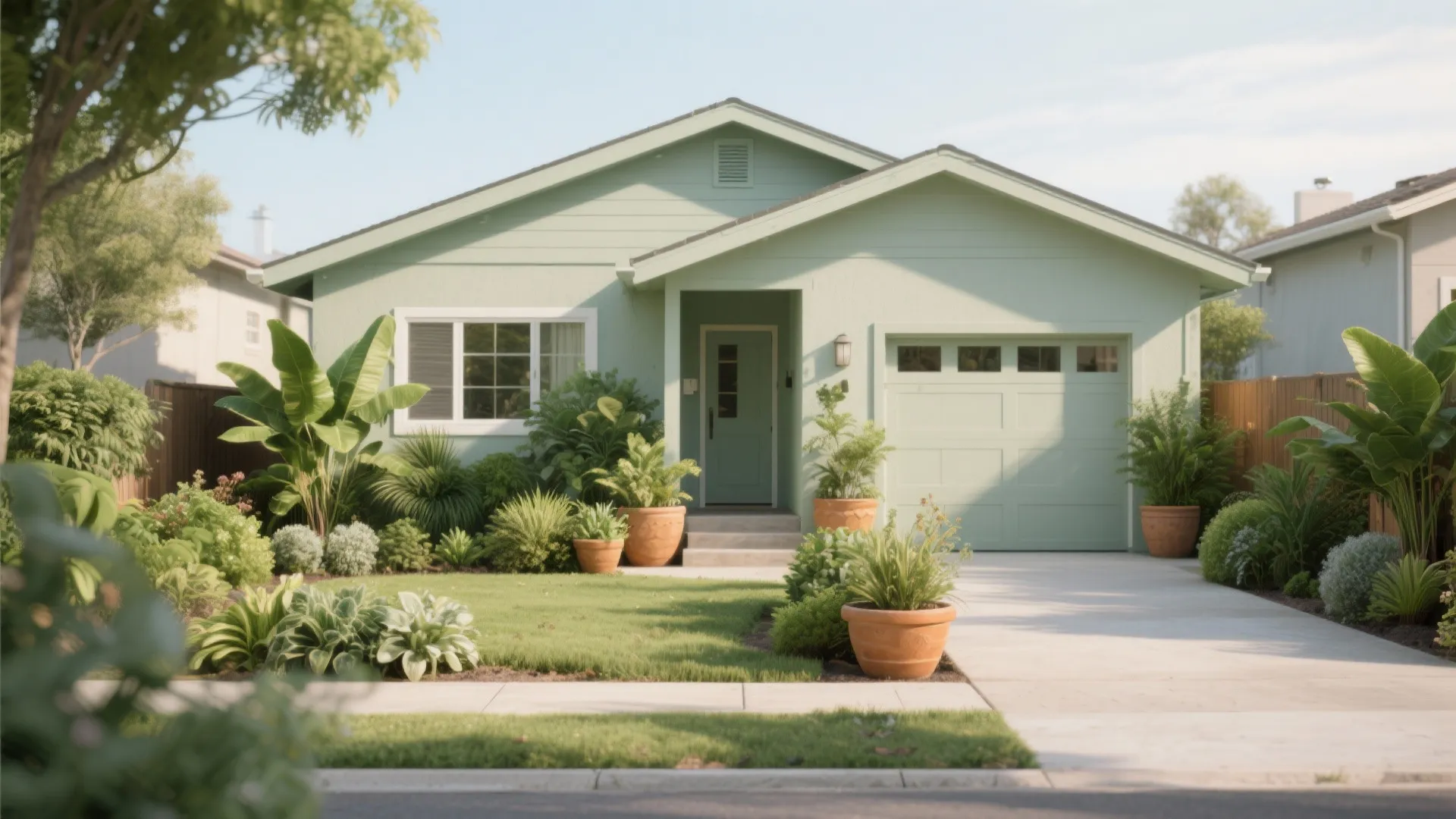 Modern light green house with front garage concrete driveway green lawn and many garden plants