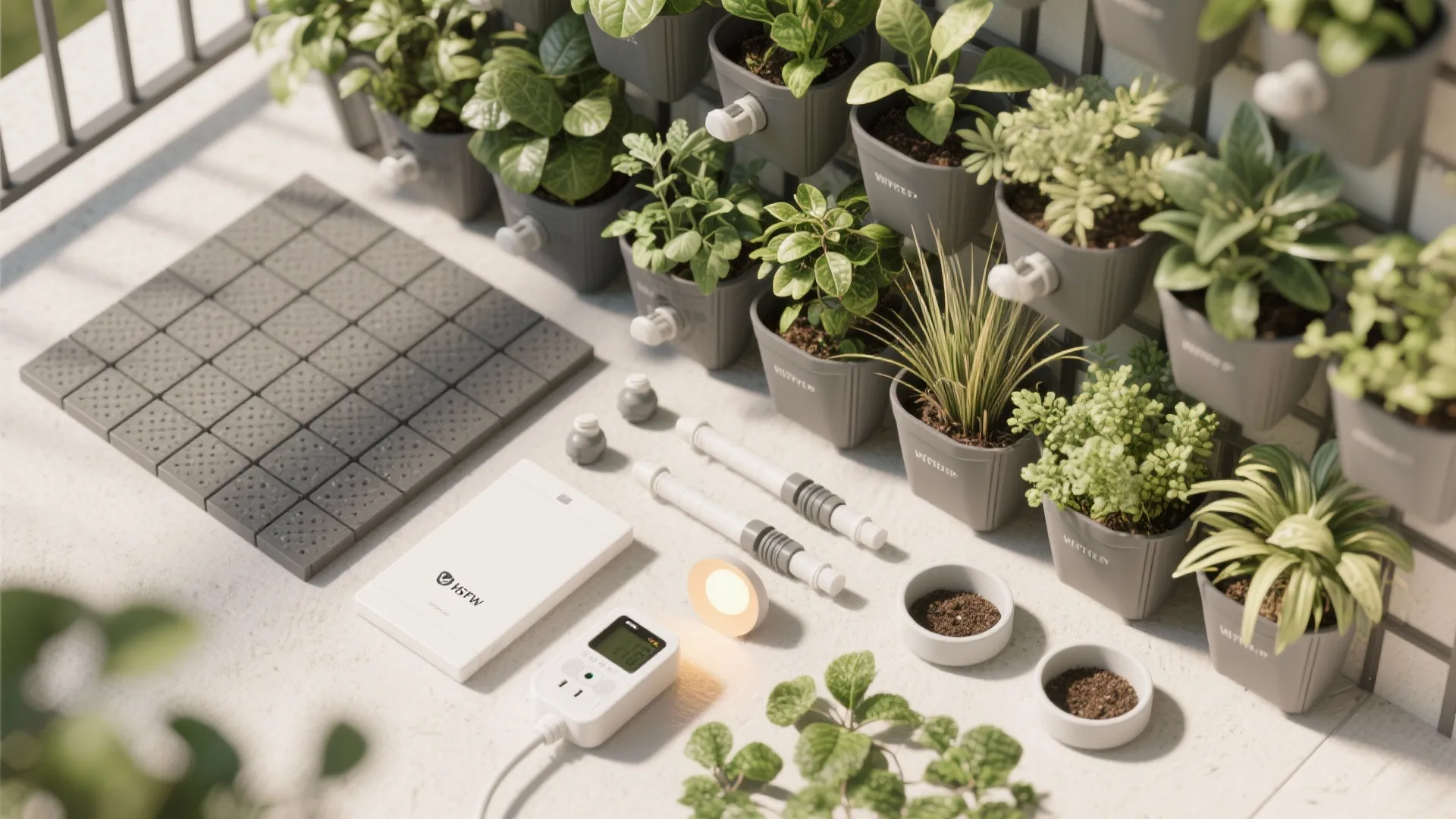 Vertical garden with smart lighting and watering