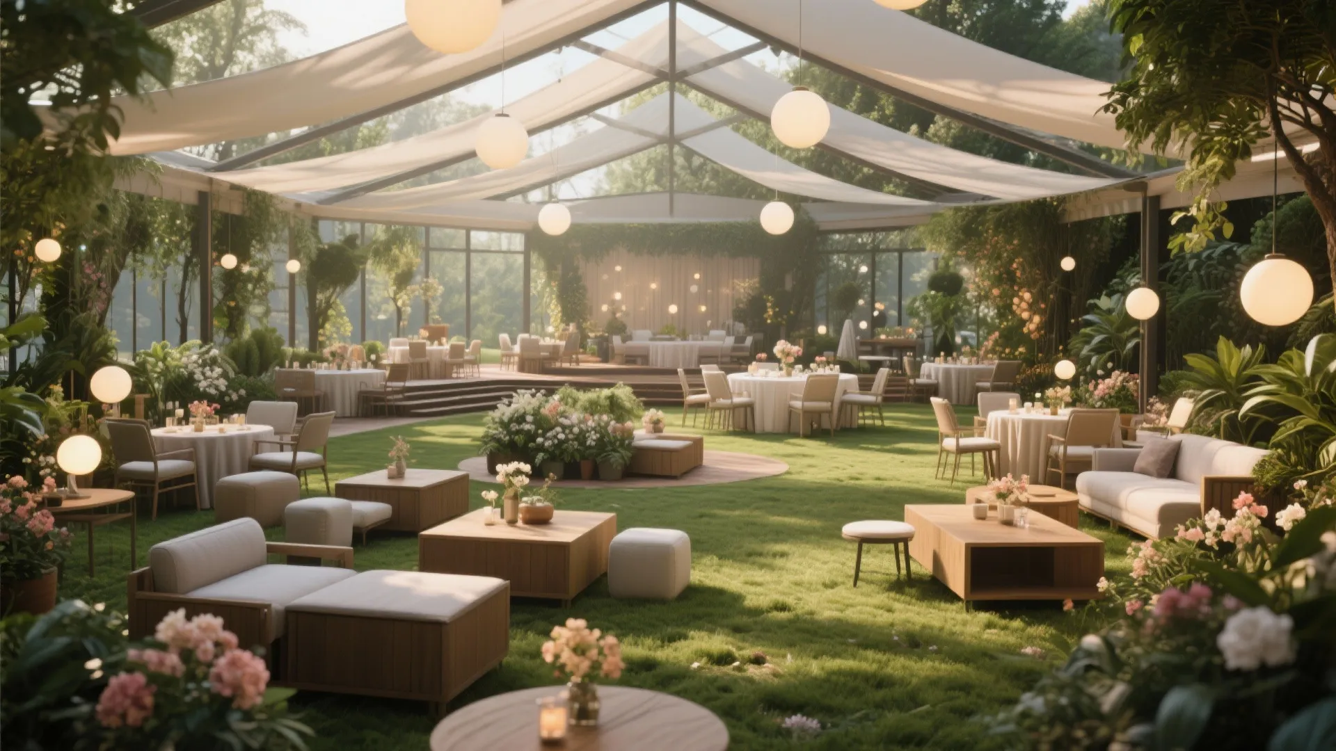 Indoor garden hall featuring round dining tables sofas wooden coffee tables and hanging ceiling lights