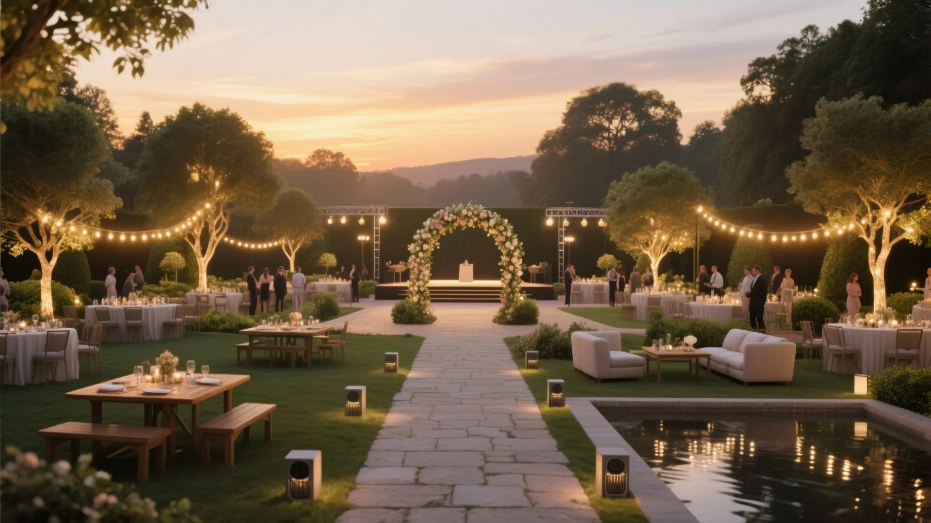 Beautiful outdoor garden party area with flower arch, guest tables, string lights, and sunset sky