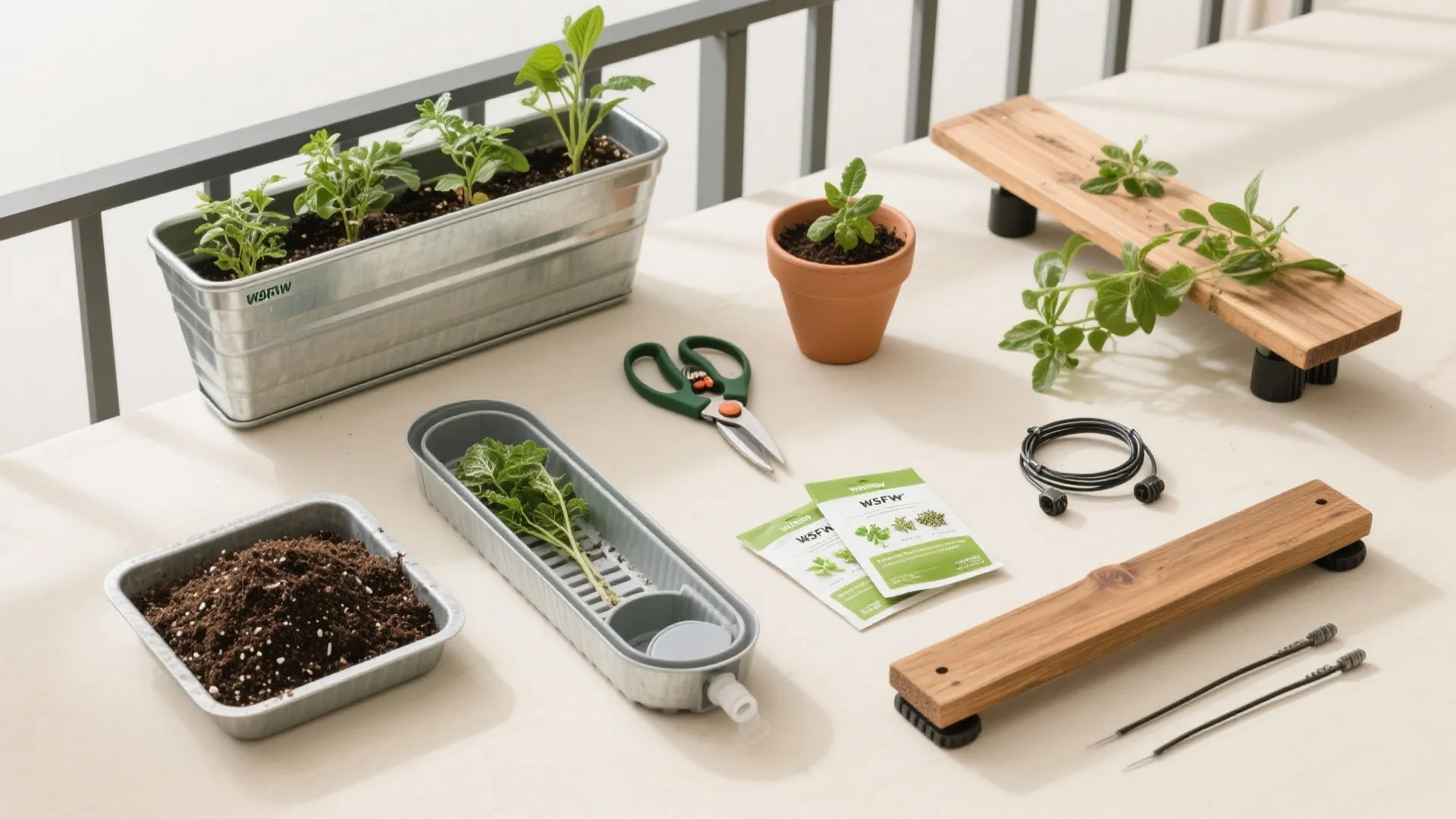 3) L-shaped micro-garden with slim rail planters