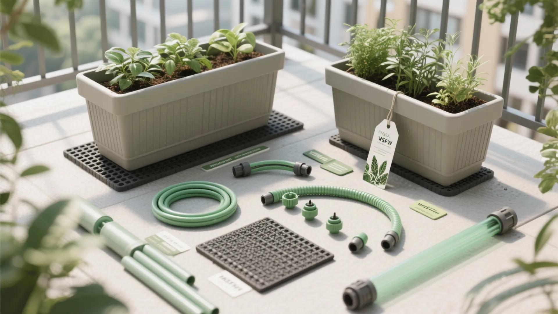 Gardening tools and materials including two grey planters, green watering hose, and plastic floor mats