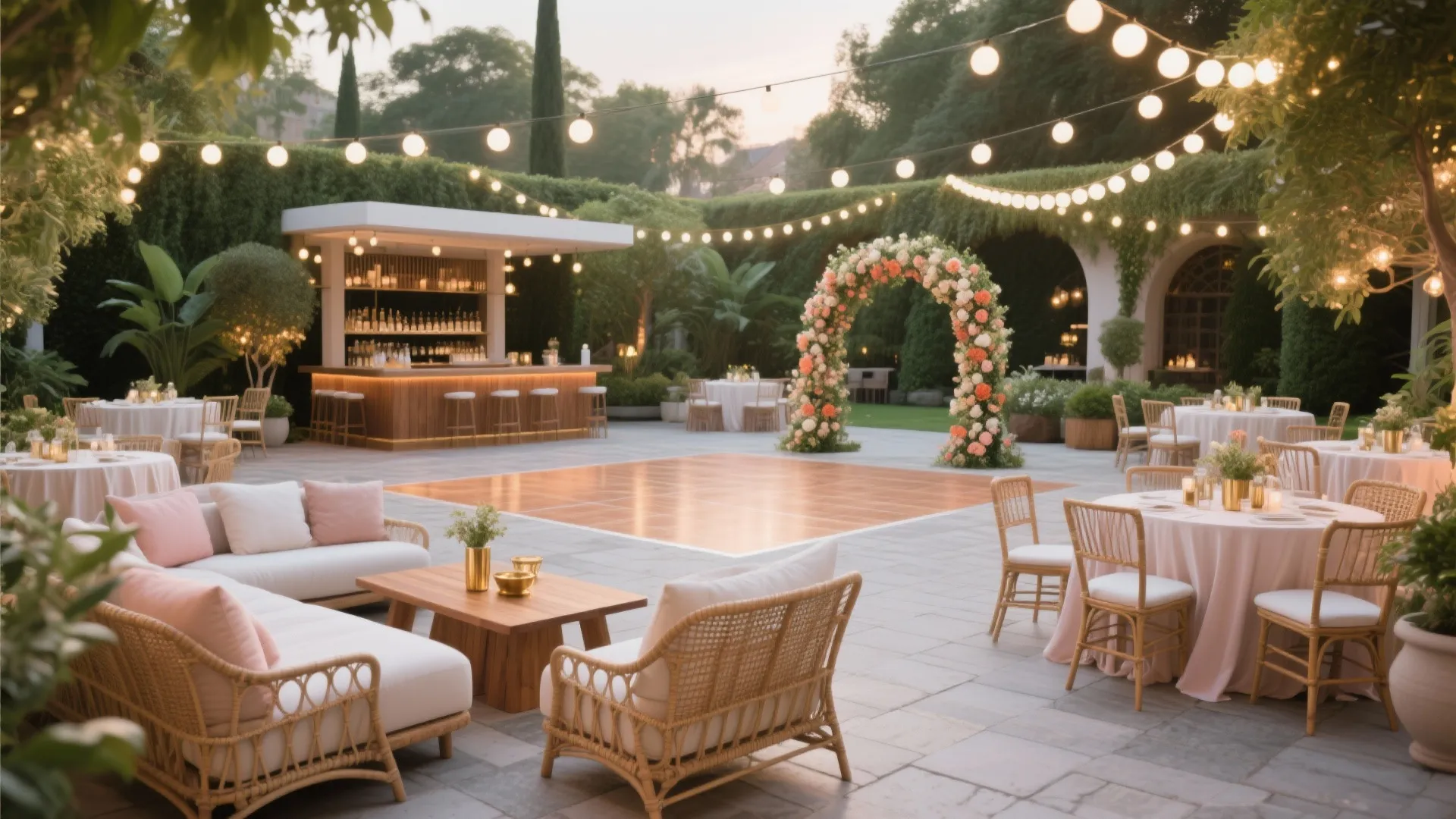 Outdoor garden wedding venue with wooden dance floor flower arch bar counter and round dining tables