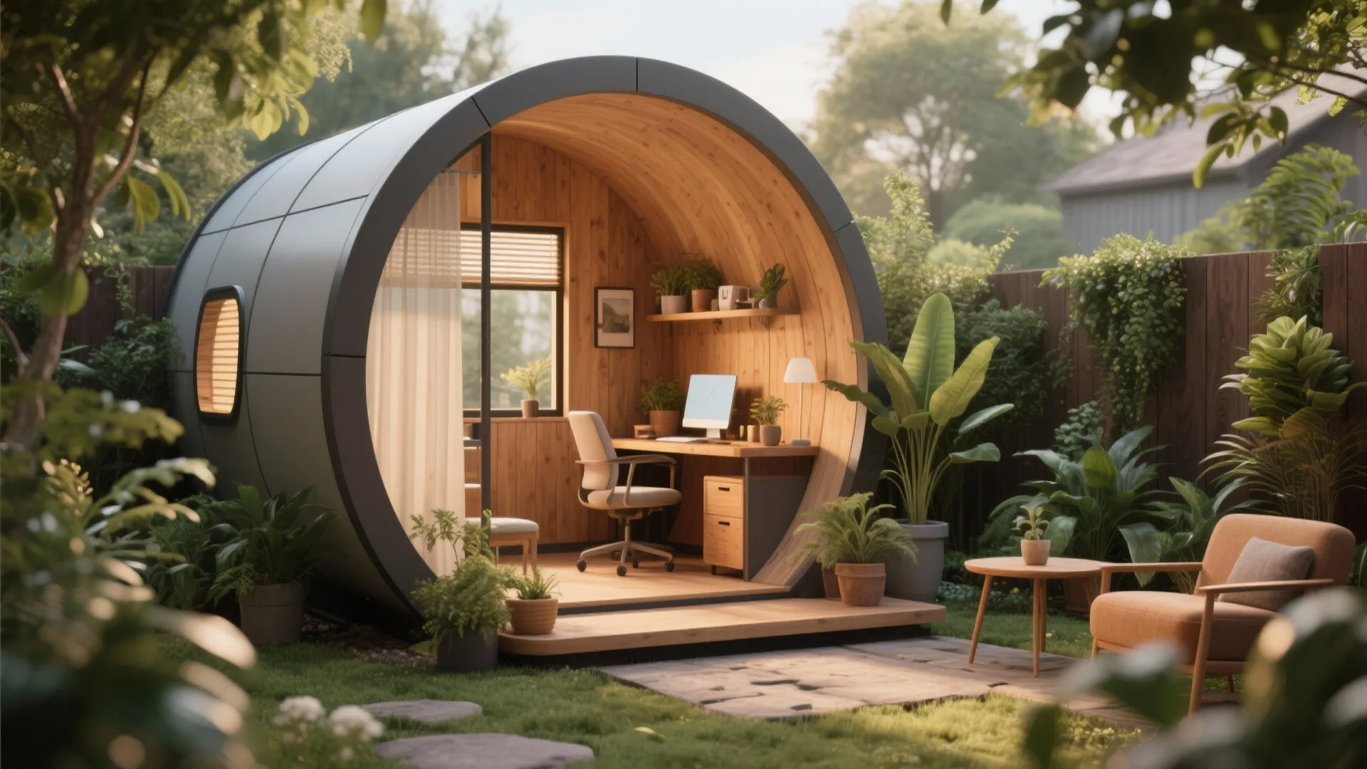 Prefab garden pod outdoor office surrounded by plants