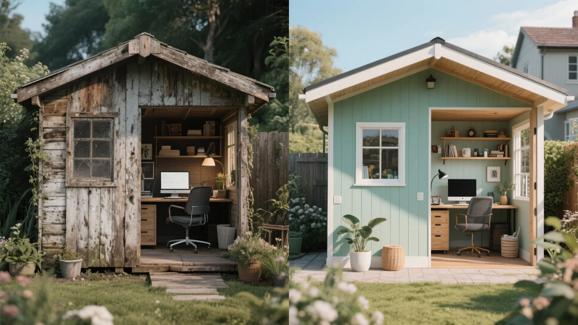 Before and after comparison showing old wooden shed versus new light blue garden office with desk