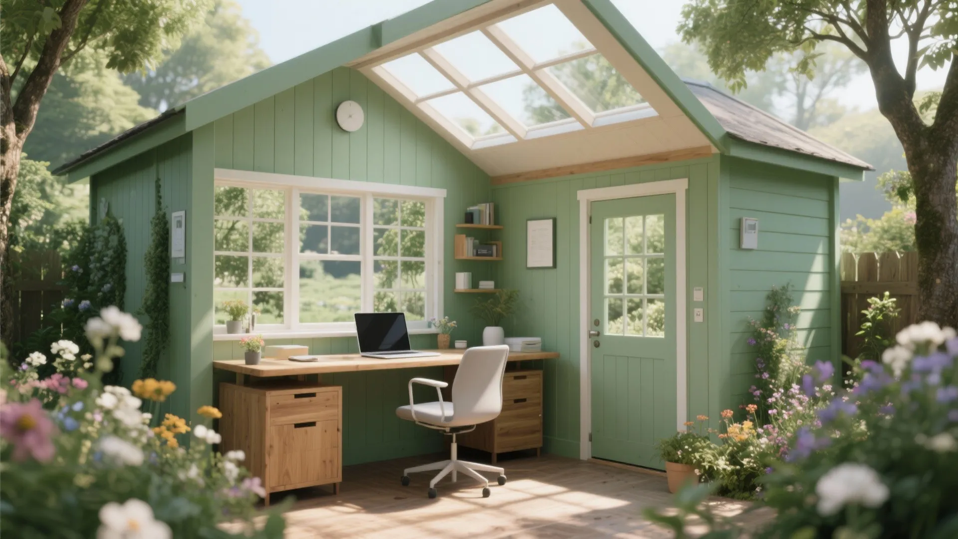 Converted green garden shed office with skylight and wooden desk