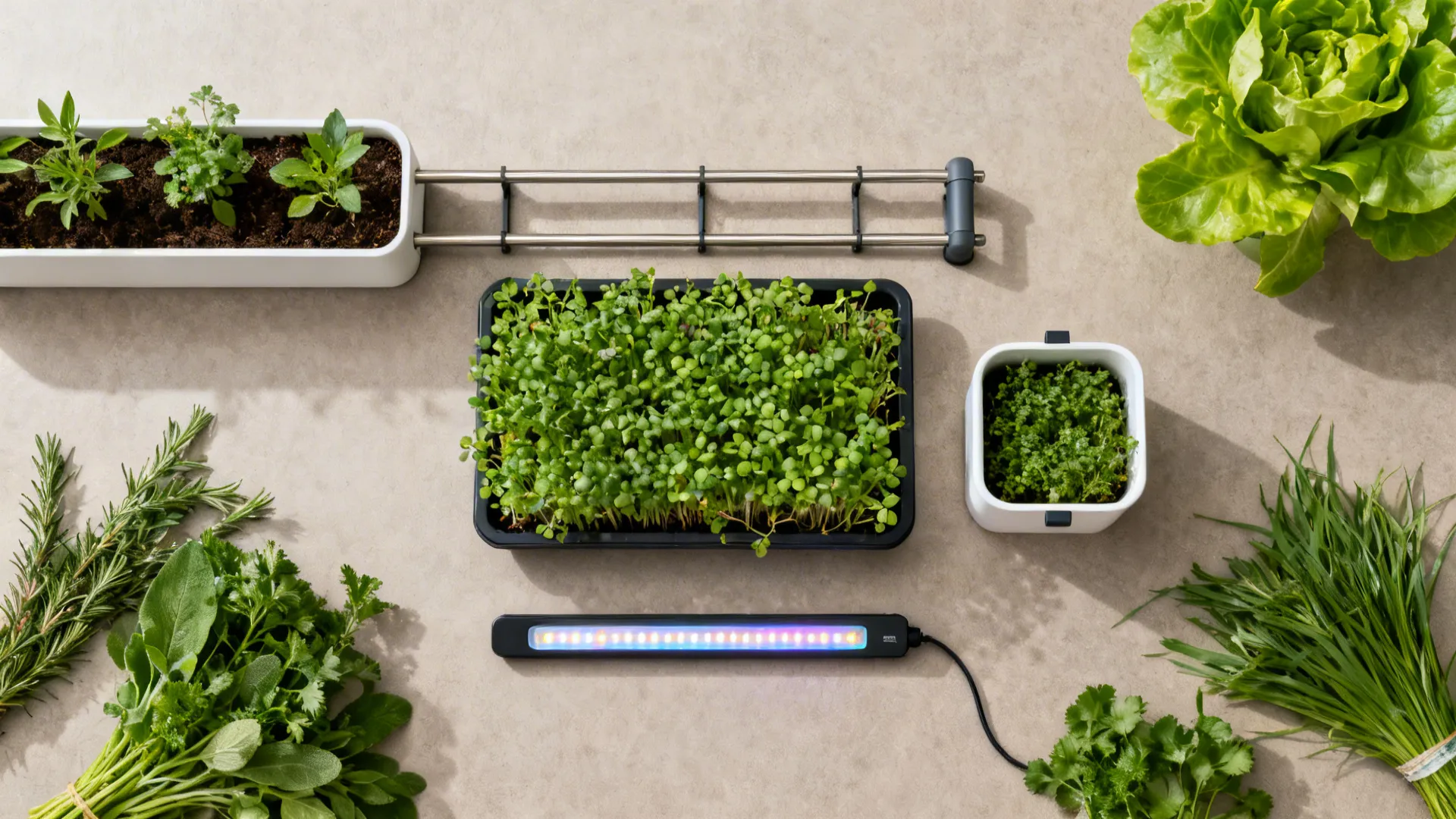 Flat lay showing indoor garden pots with green plants and a small black light fixture