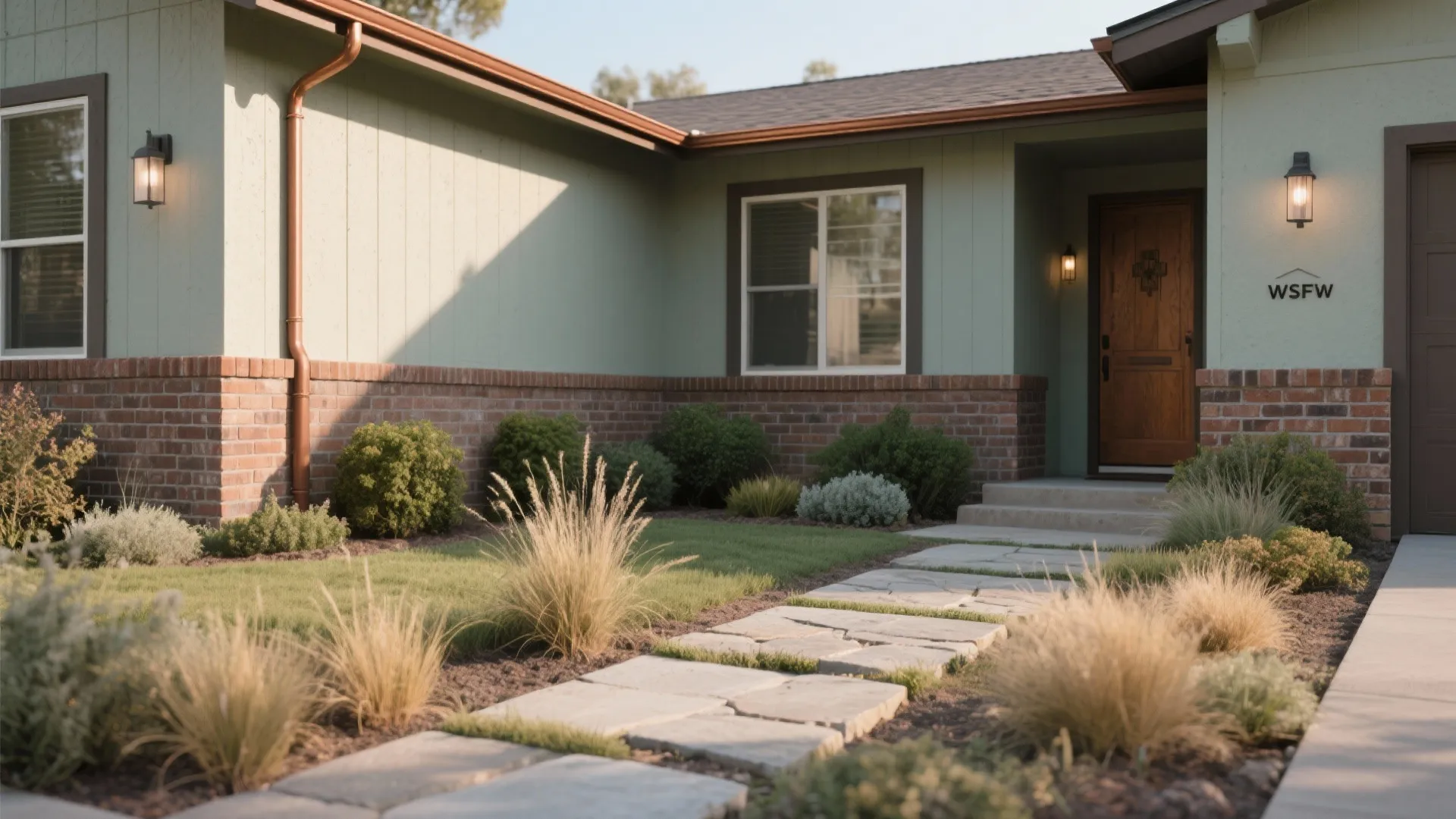 Modern green house exterior with brick base stone walkway small bushes and a brown wooden door