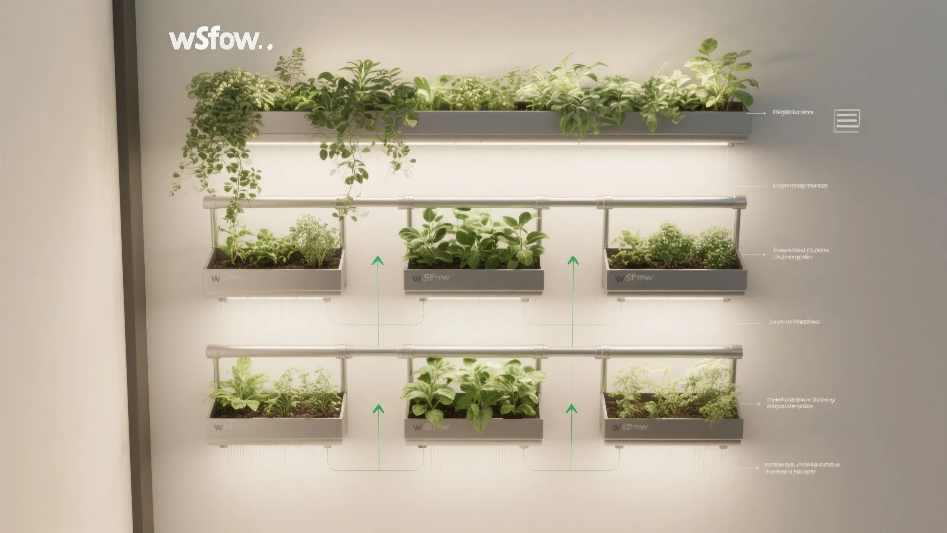 Modern wall mounted indoor garden system with three levels of green plants and bright lighting