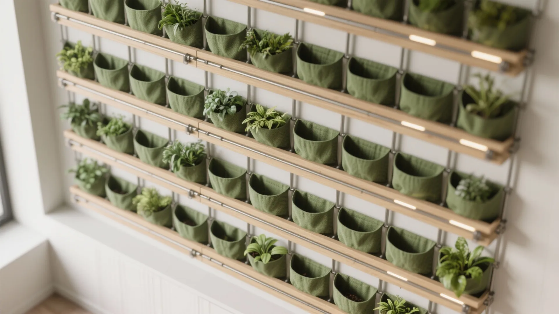 Vertical indoor garden wall featuring multiple green fabric plant pockets on wooden and metal shelves