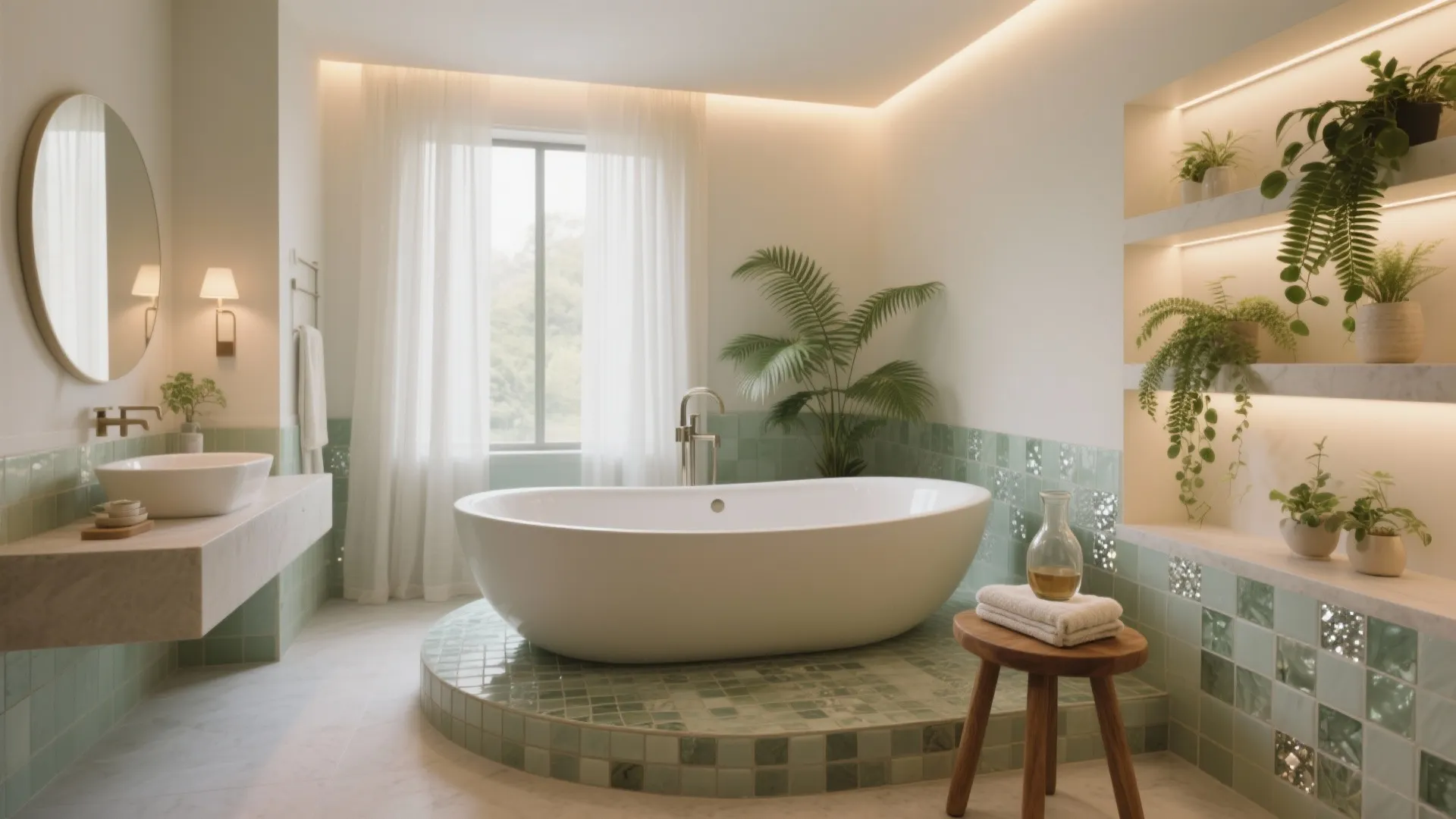 Modern bathroom with white bathtub on green tiles, wooden stool, indoor plants, and natural light