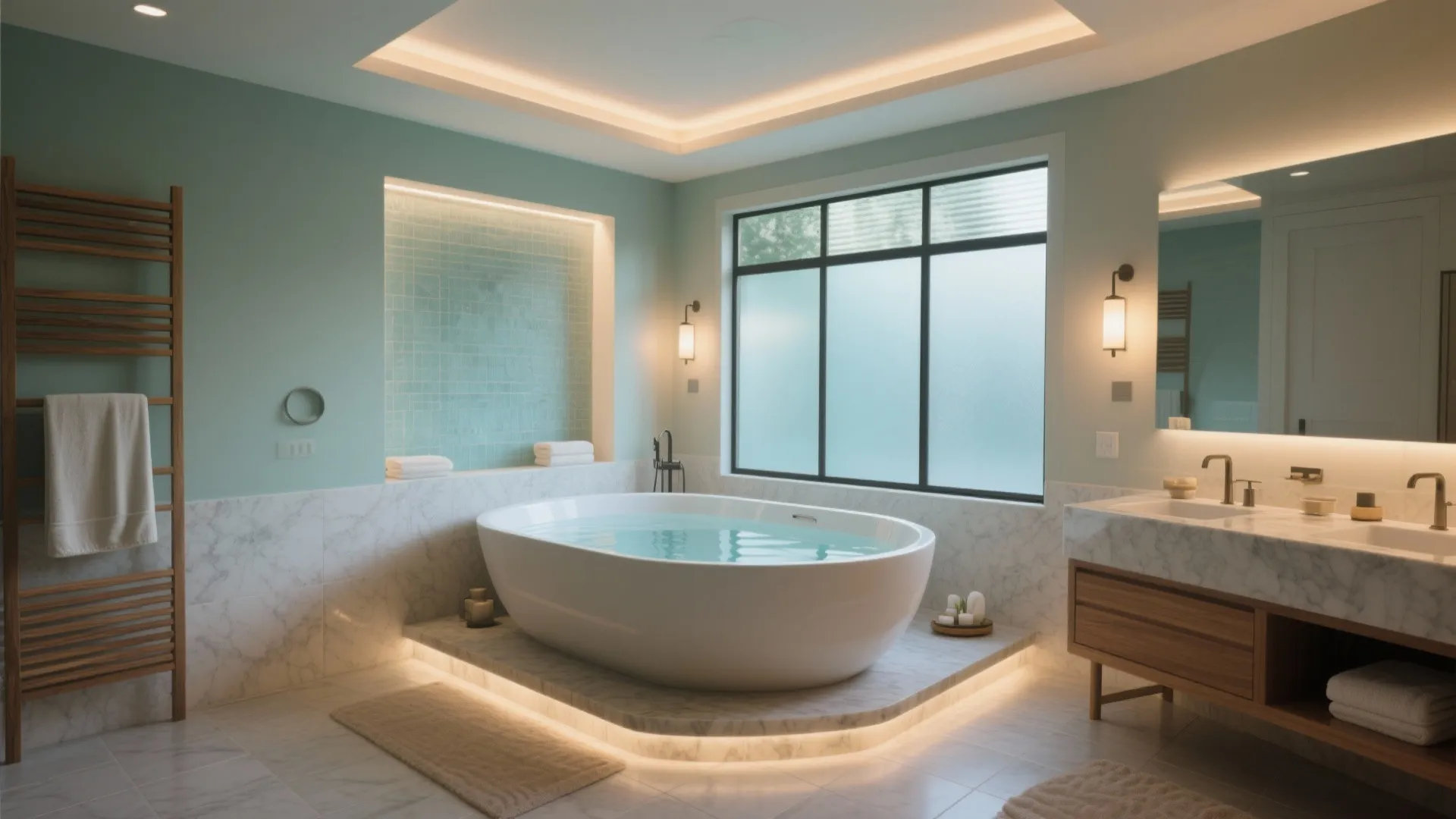 Modern bathroom with white bathtub, green walls, marble floor, wooden vanity, and bright wall lights