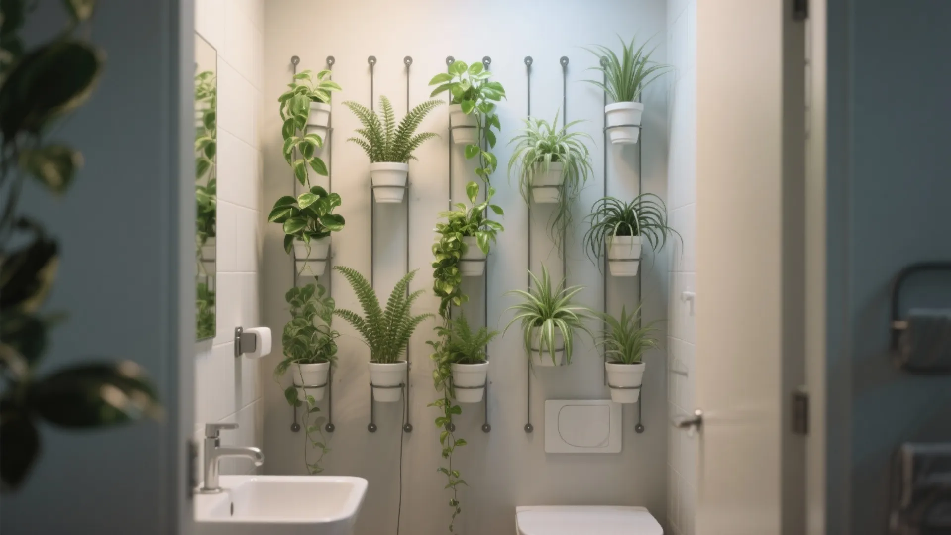 Small bathroom featuring a vertical indoor wall garden with many green plants in white pots