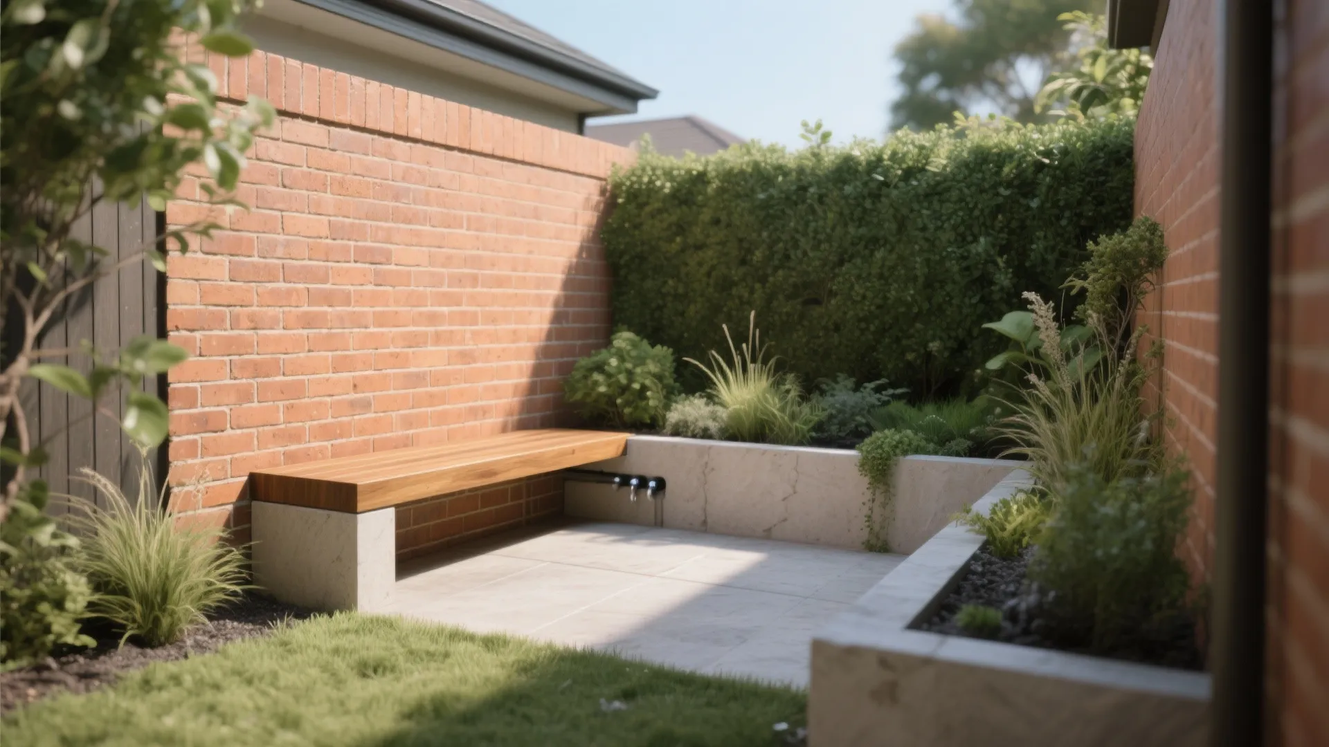 Low Brick Garden Wall with Bench and Planter