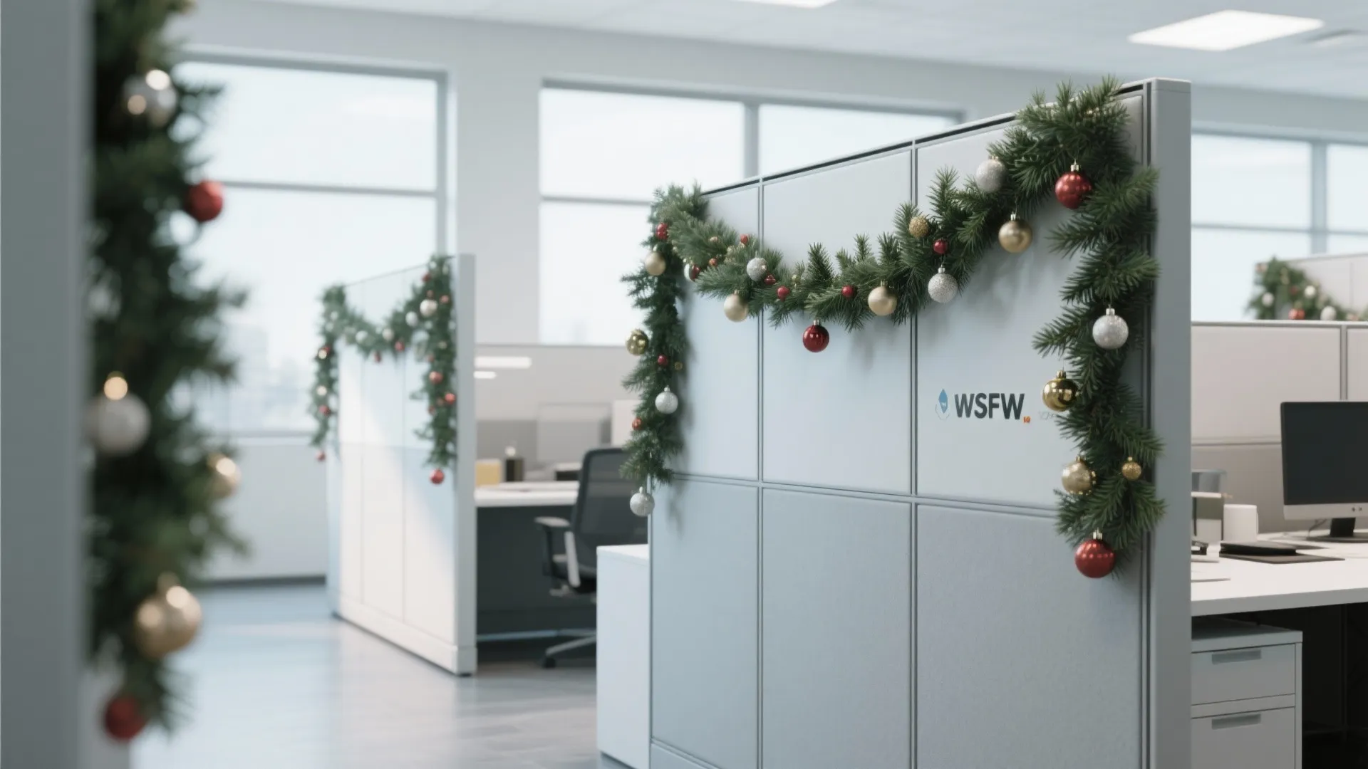 Office cubicle walls decorated with green Christmas pine garlands and red and gold hanging ornaments