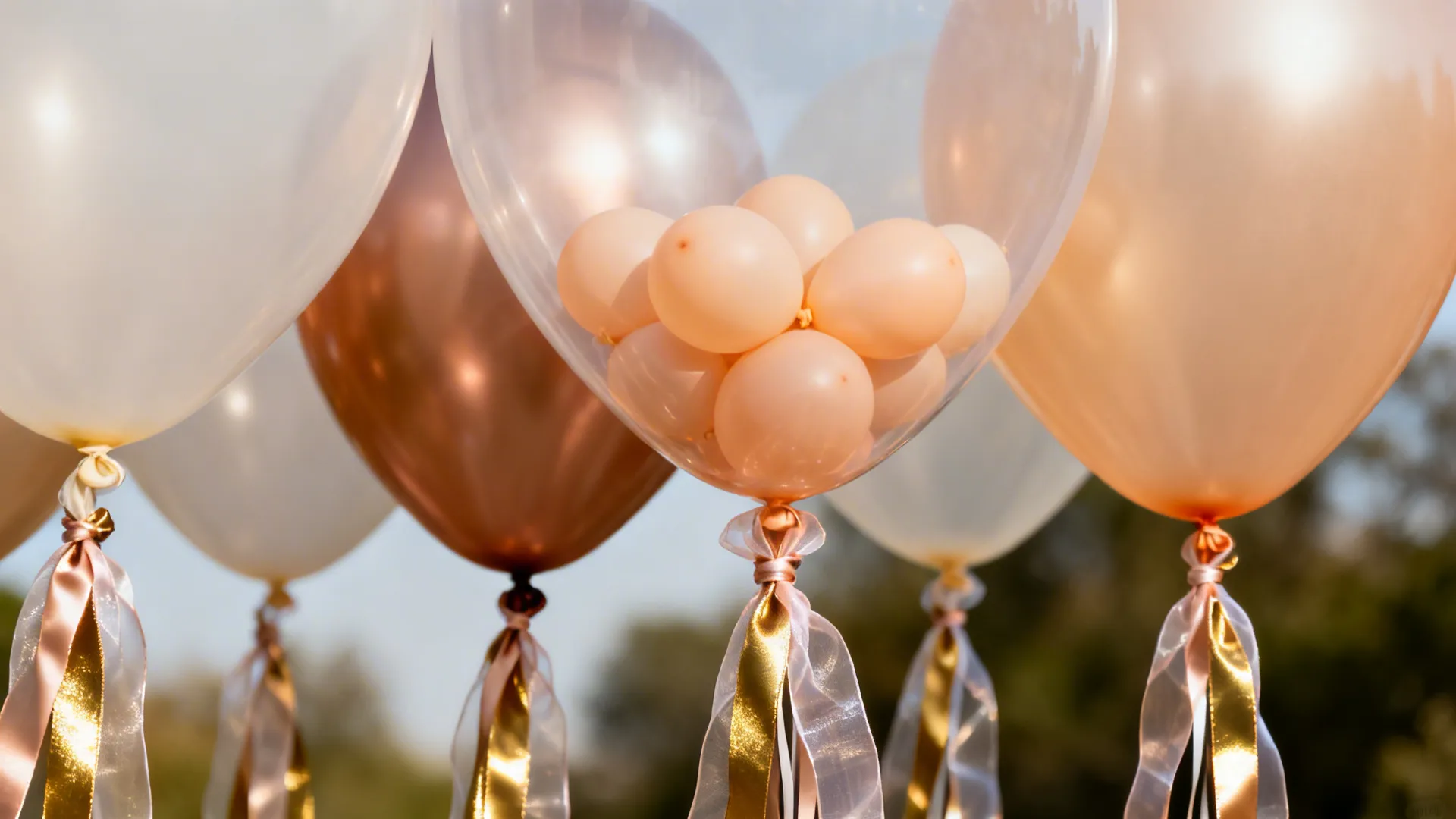 Close-up of balloon garland with small filler balloons and layered satin and organza ribbon tails.