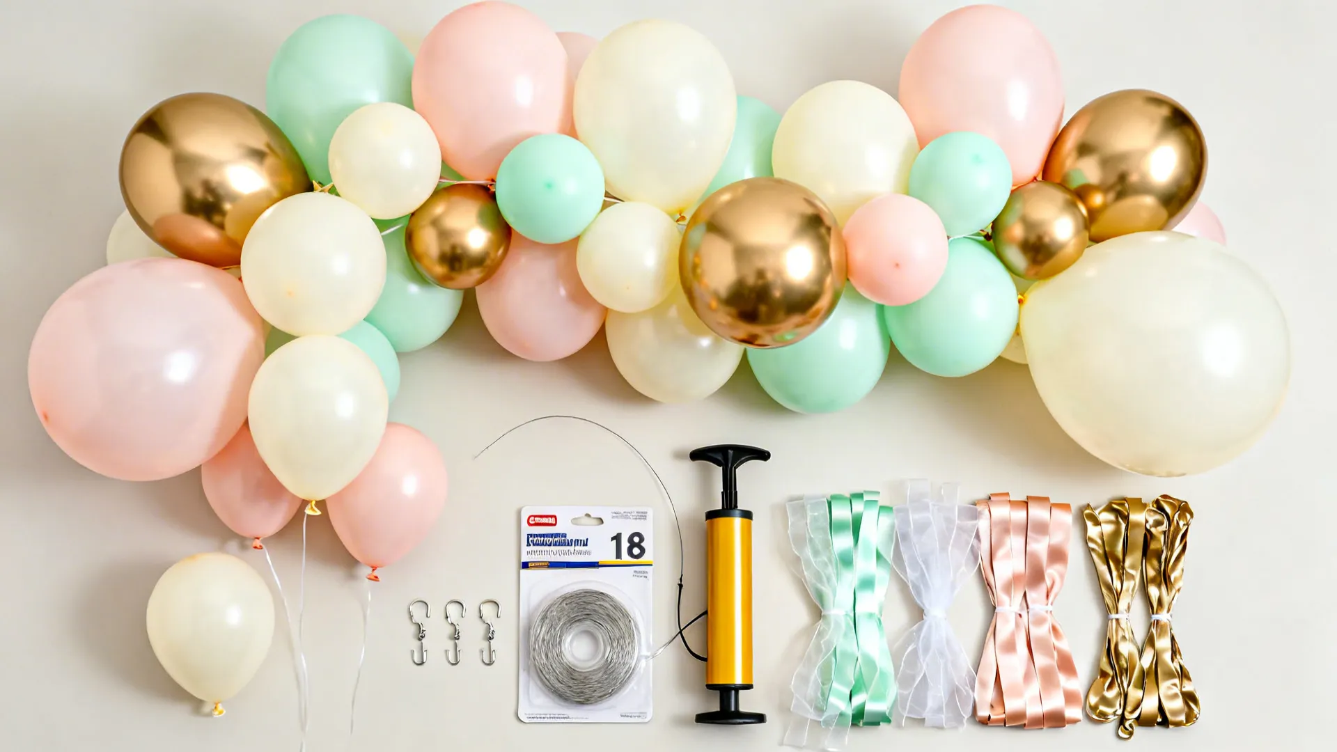 Flat lay of balloons in mixed sizes, command hooks, fishing line, and satin and organza ribbons.