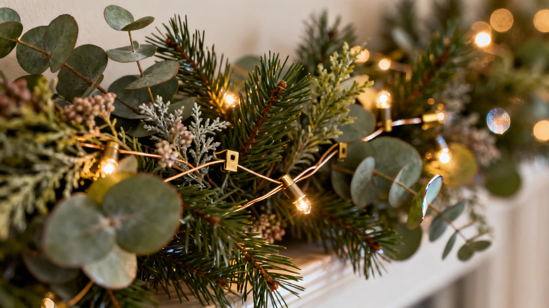 Macro of eucalyptus-pine garland with warm LEDs and mirror reflections.