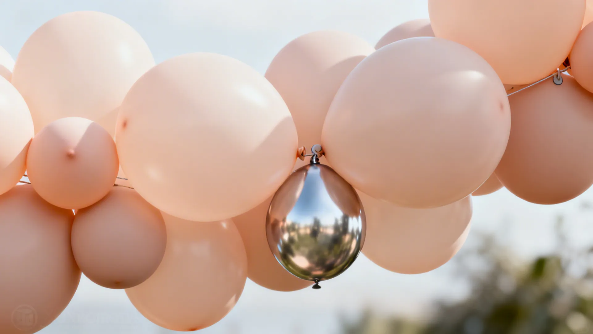 Close up of soft pink balloons and one shiny silver balloon against a light sky