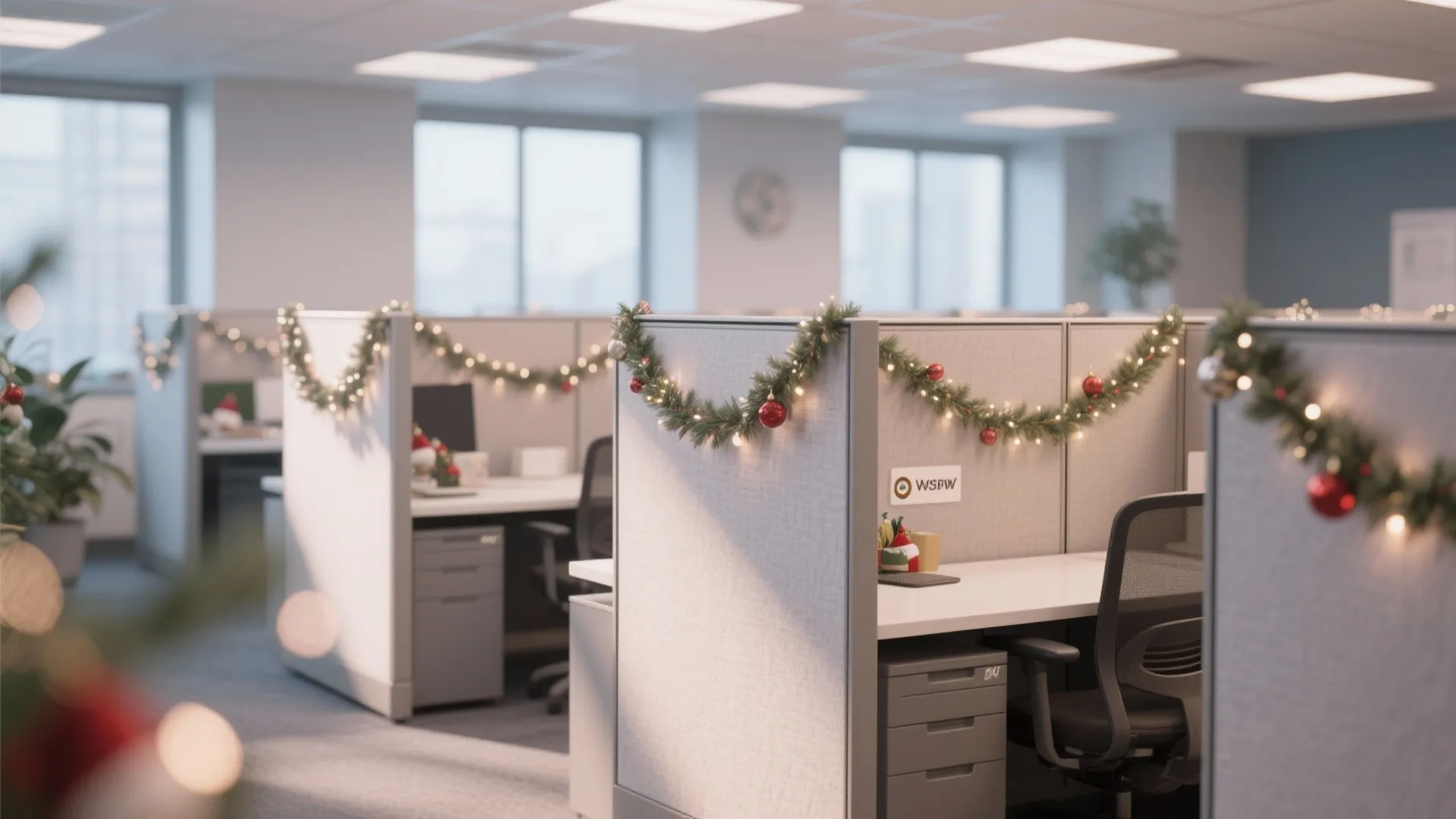 Office cubicles decorated with green pine garlands small red ornaments and warm fairy light strings