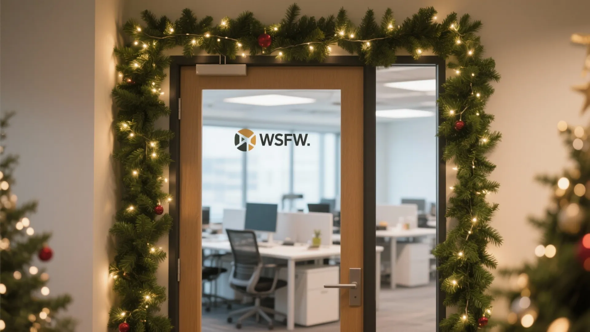 Office door with glass panel decorated with green Christmas garland warm lights and red ornaments