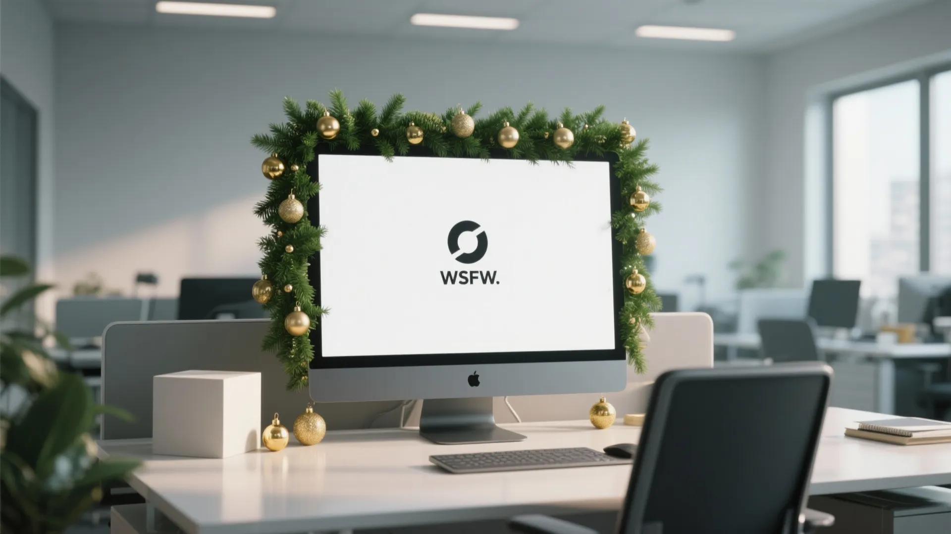Computer monitor on a white desk decorated with green pine garland and gold Christmas decorations