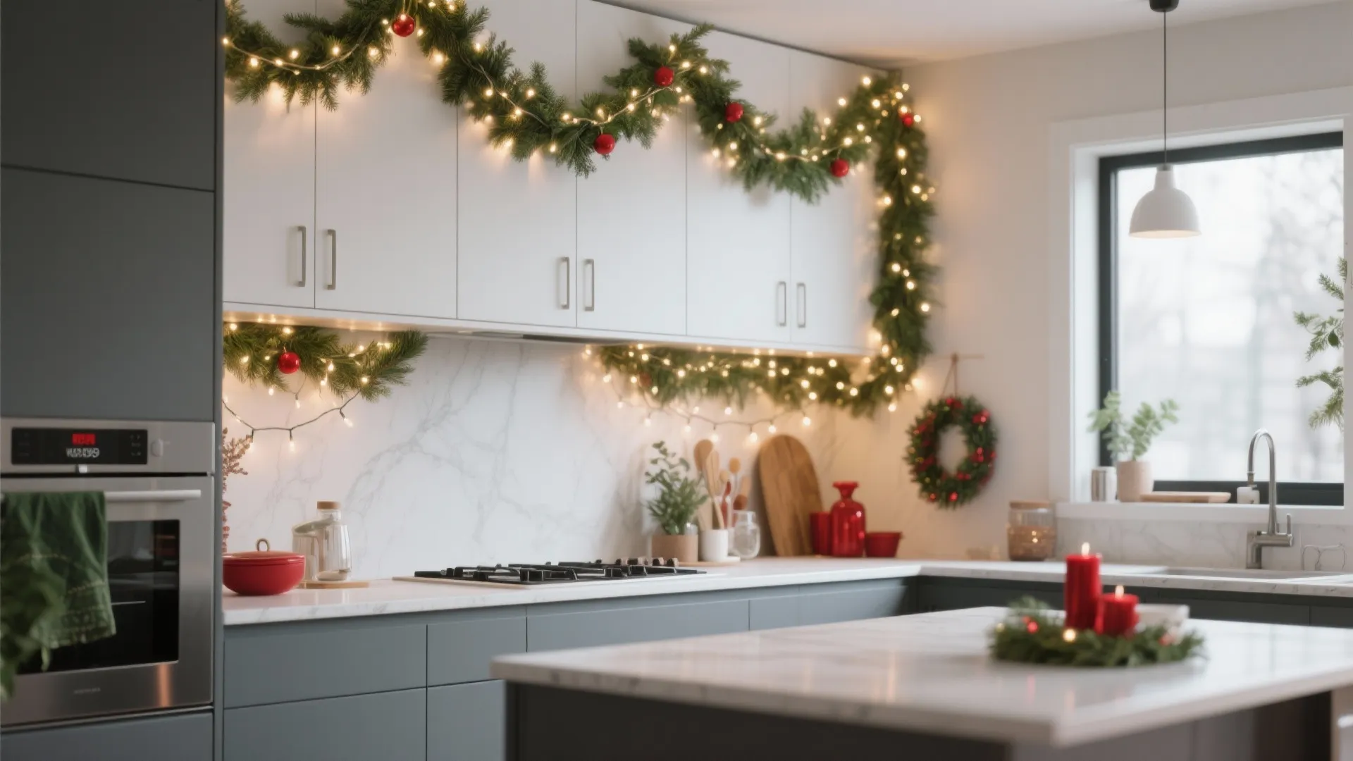 Modern white and grey kitchen decorated with evergreen pine garlands and glowing warm fairy lights