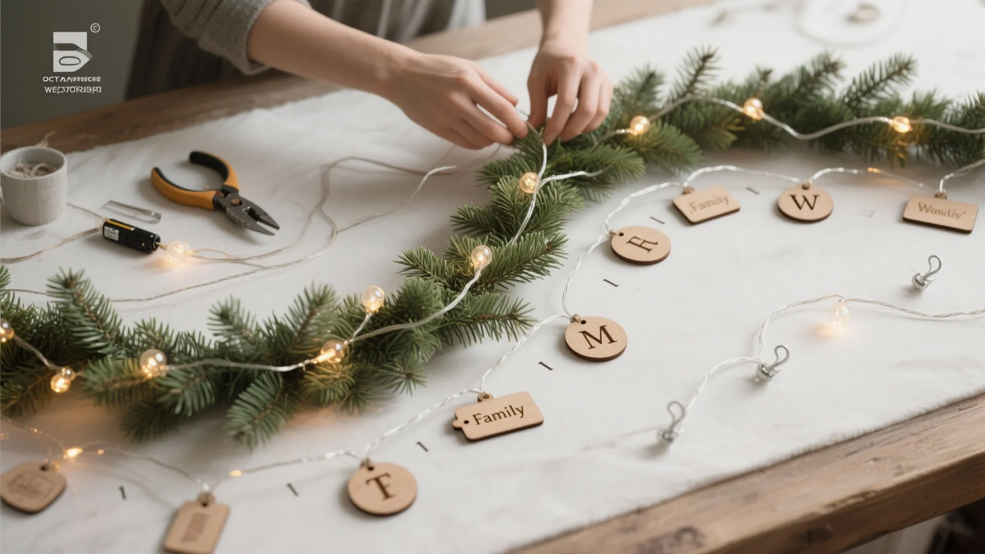 Person hands assembling green Christmas garland with small light bulbs and wooden letter tags on table