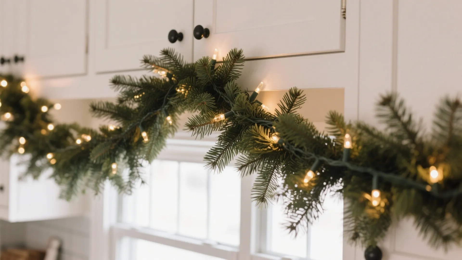 Green pine garland with warm glowing lights hanging on white kitchen cabinets near a window