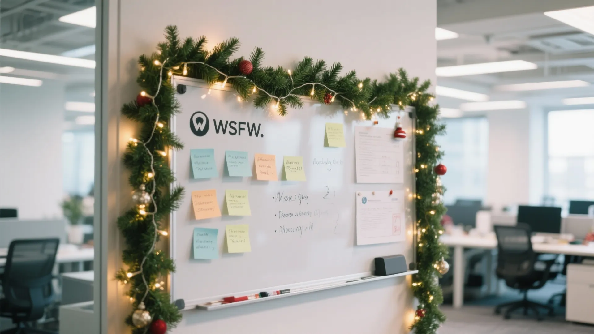 Office whiteboard with sticky notes and papers decorated with green christmas garland and warm lights