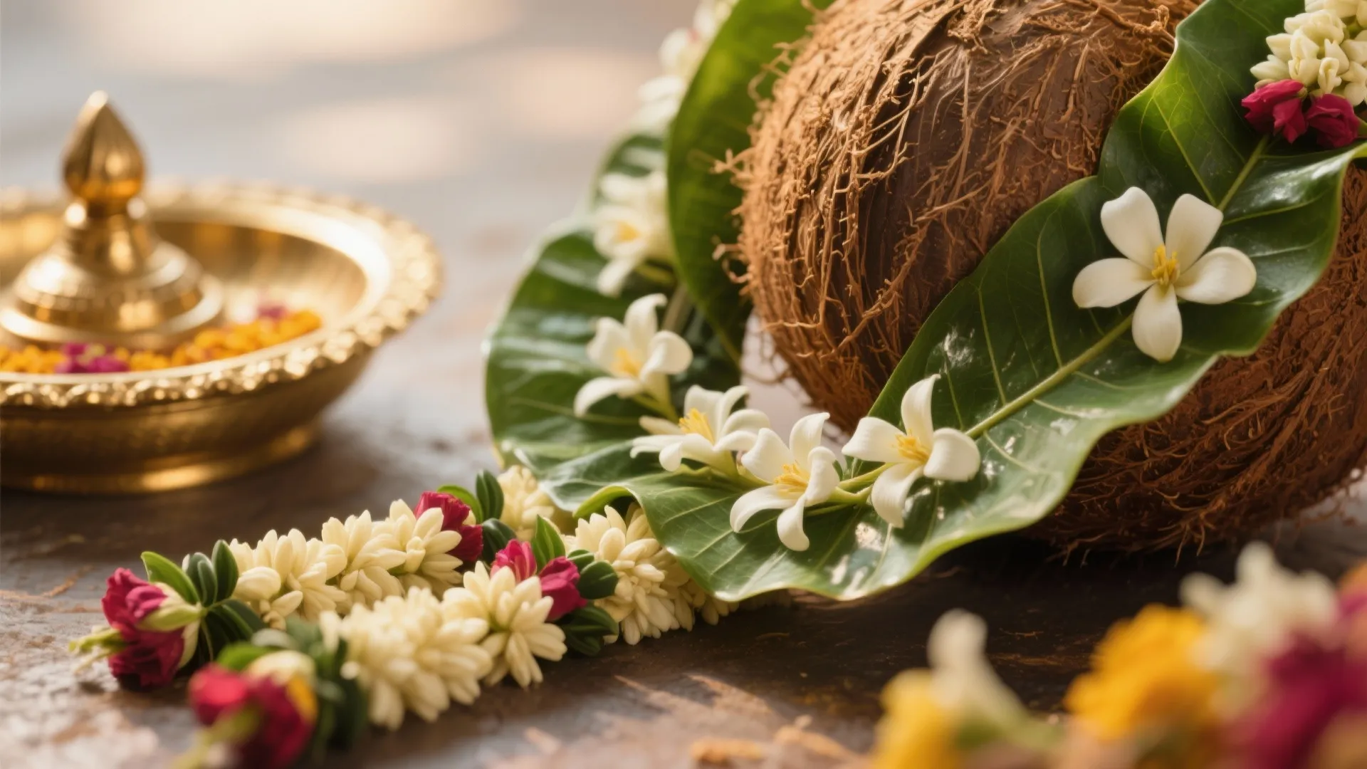 Coconut-and-betel garlands with gentle greenery