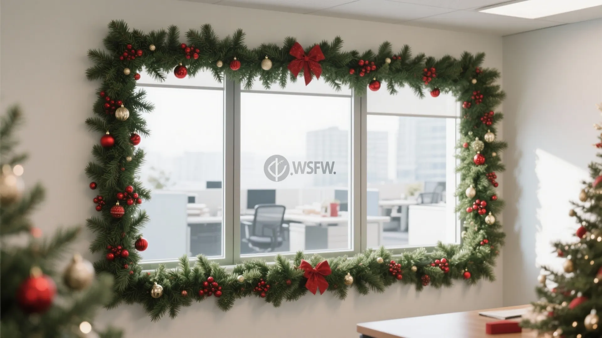 Office window frame decorated with green plant garland featuring red bows and gold ball ornaments