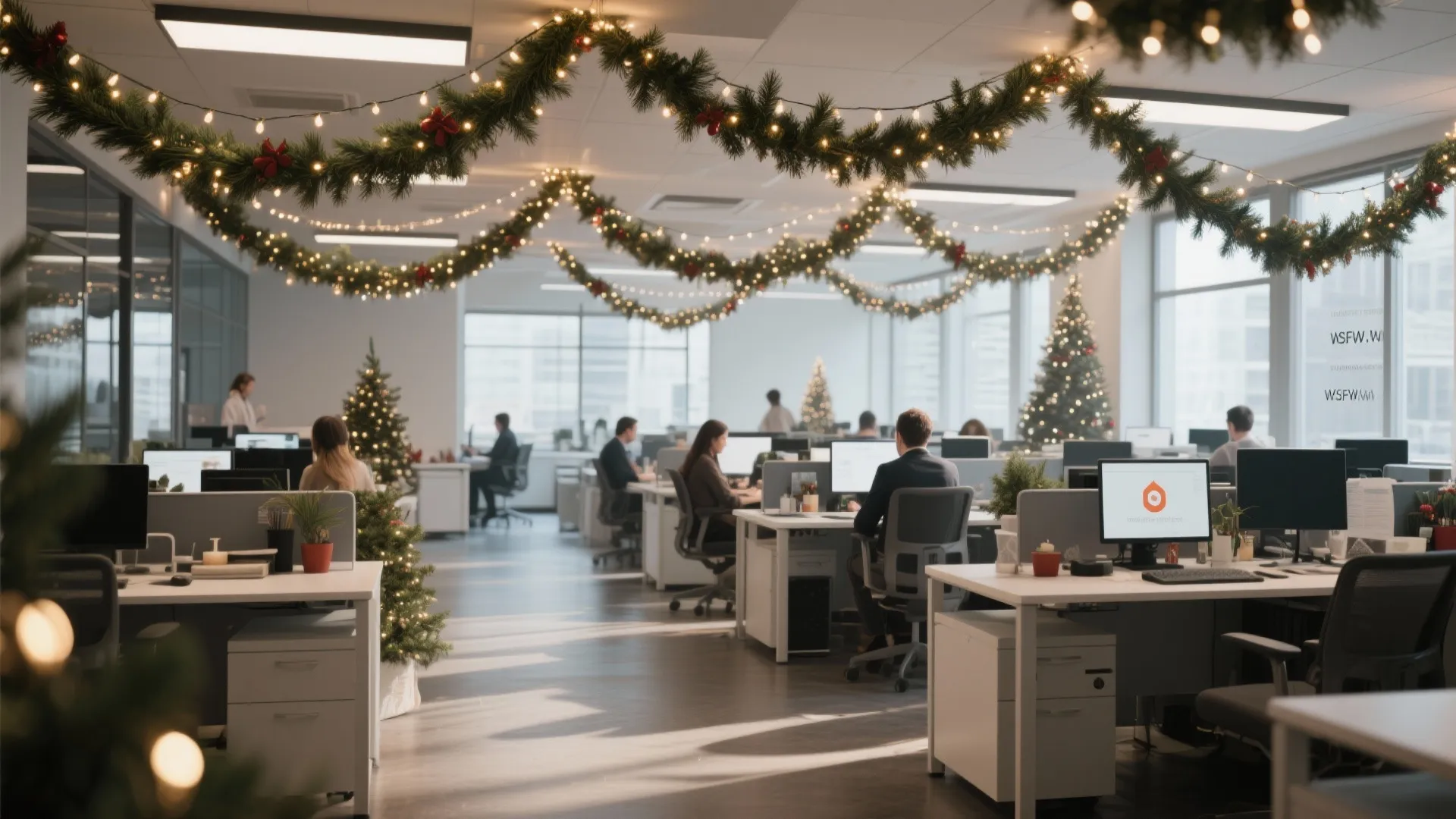 2. Festive Garlands Across Workstations
