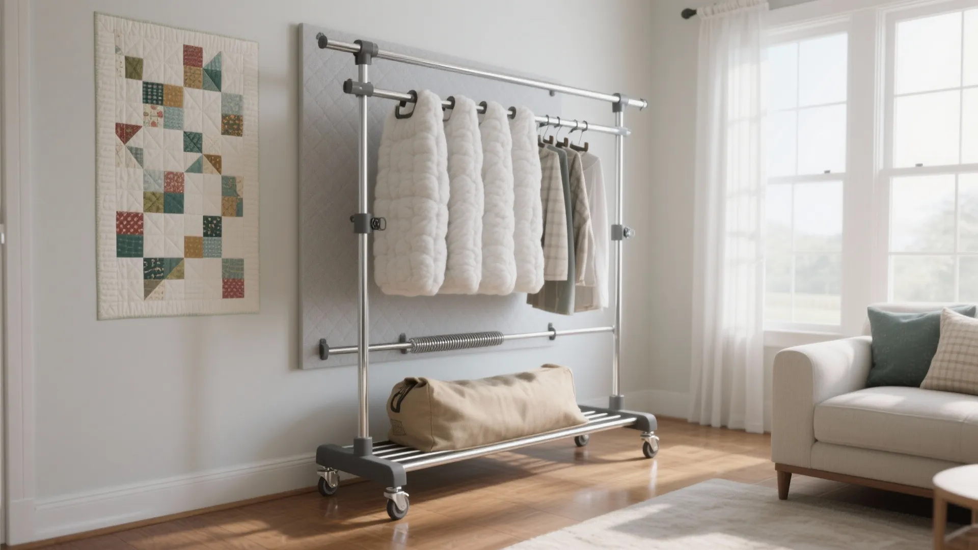 Rolling Garment Rack with Batting Backdrop