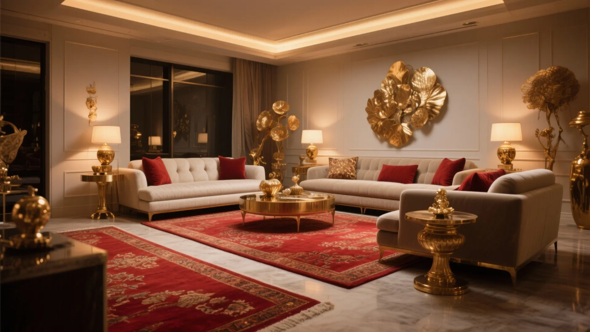 Elegant living room with white sofas red rugs gold tables and a large gold wall decoration
