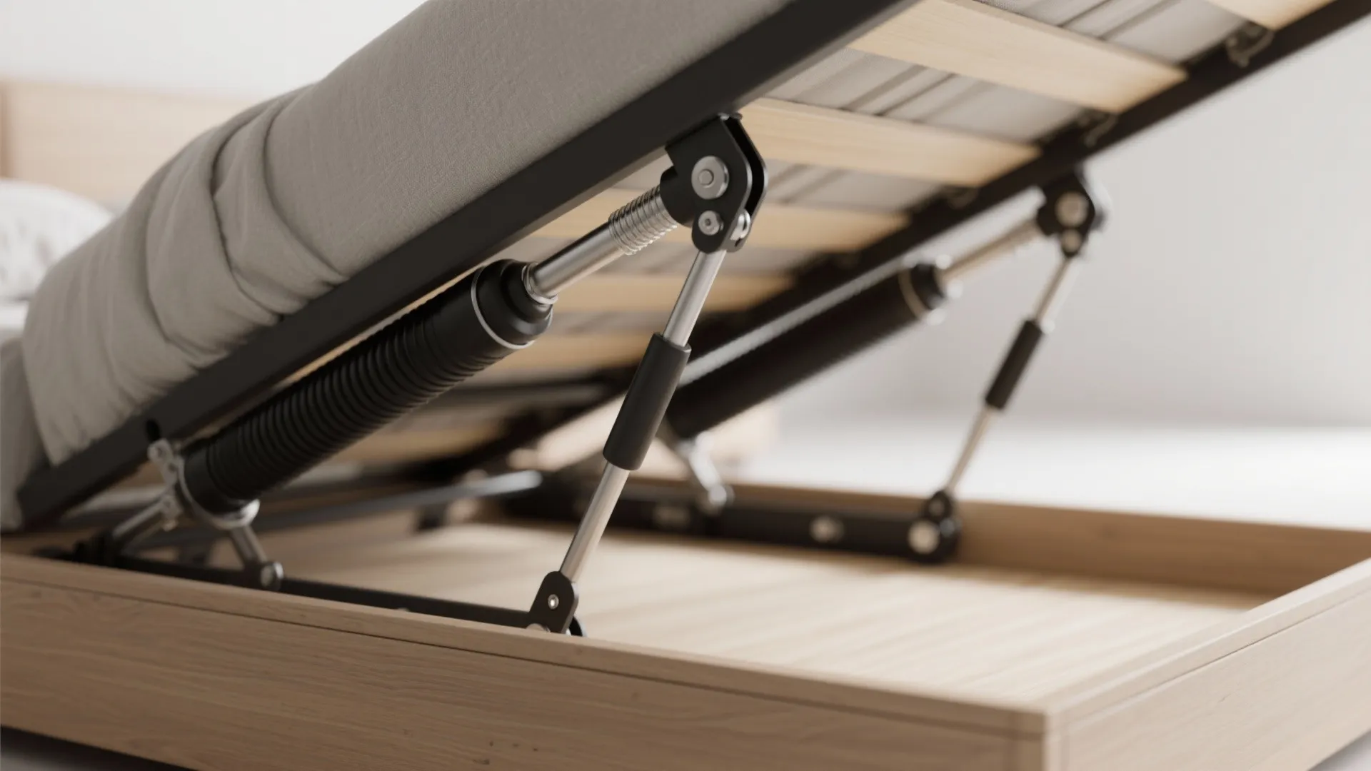 Close up view of a wooden bed frame showing metal lifting mechanism for hidden storage space