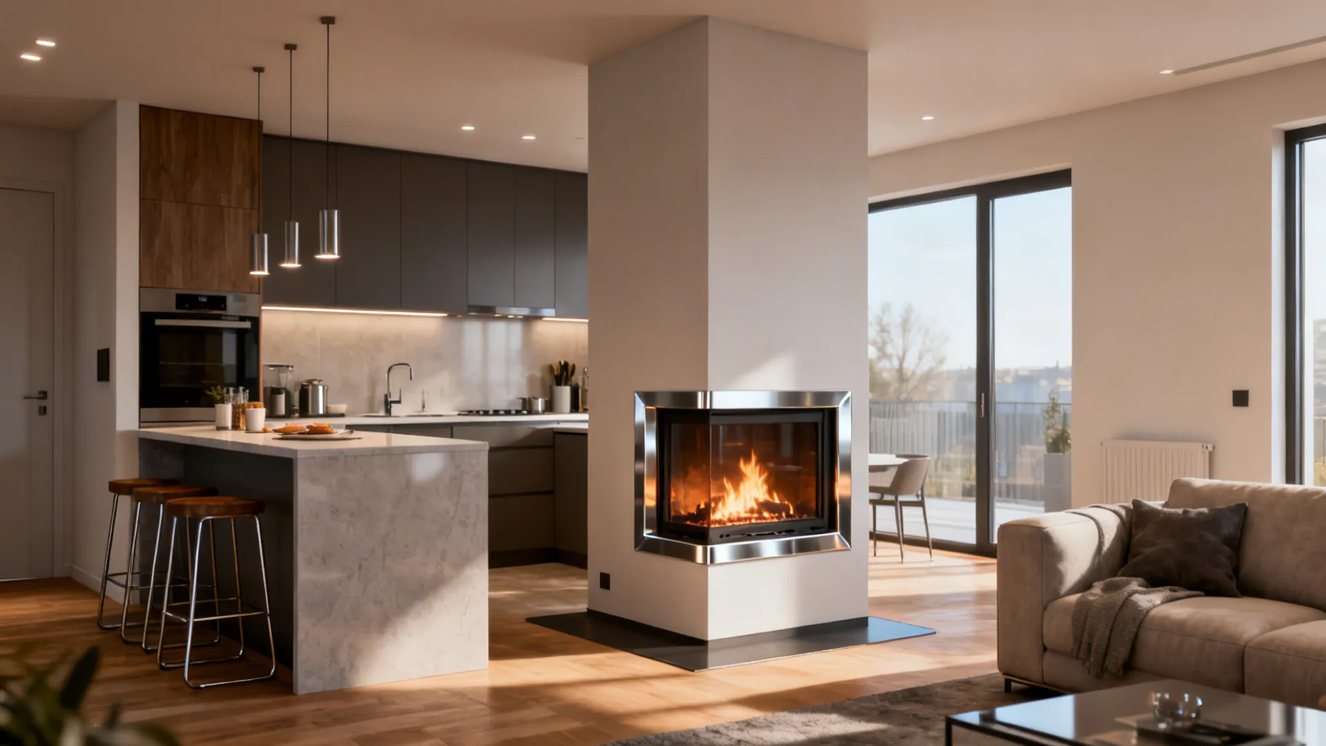 Compact open-plan flat with a double-sided gas fireplace dividing the kitchen and living area.