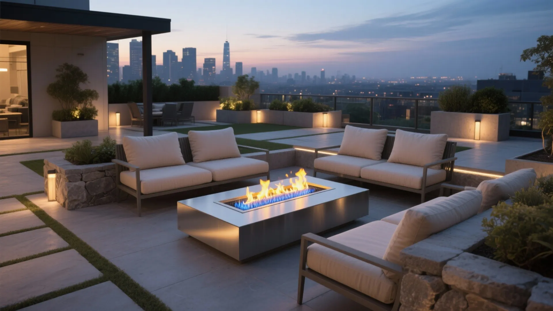 Modern rooftop terrace featuring metal fire pit, beige outdoor sofas, and city skyline at dusk