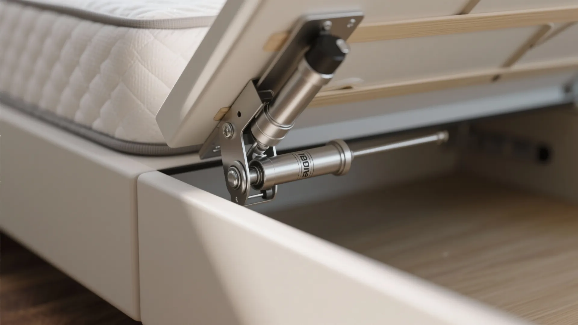 Close-up of a lift-up queen bed gas piston and hinge in brushed metal.