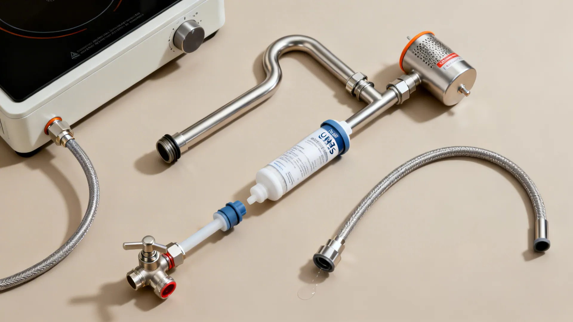 Top-down view of biogas safety components: water trap, H2S scrubber, flame arrestor, valve, and drip leg.