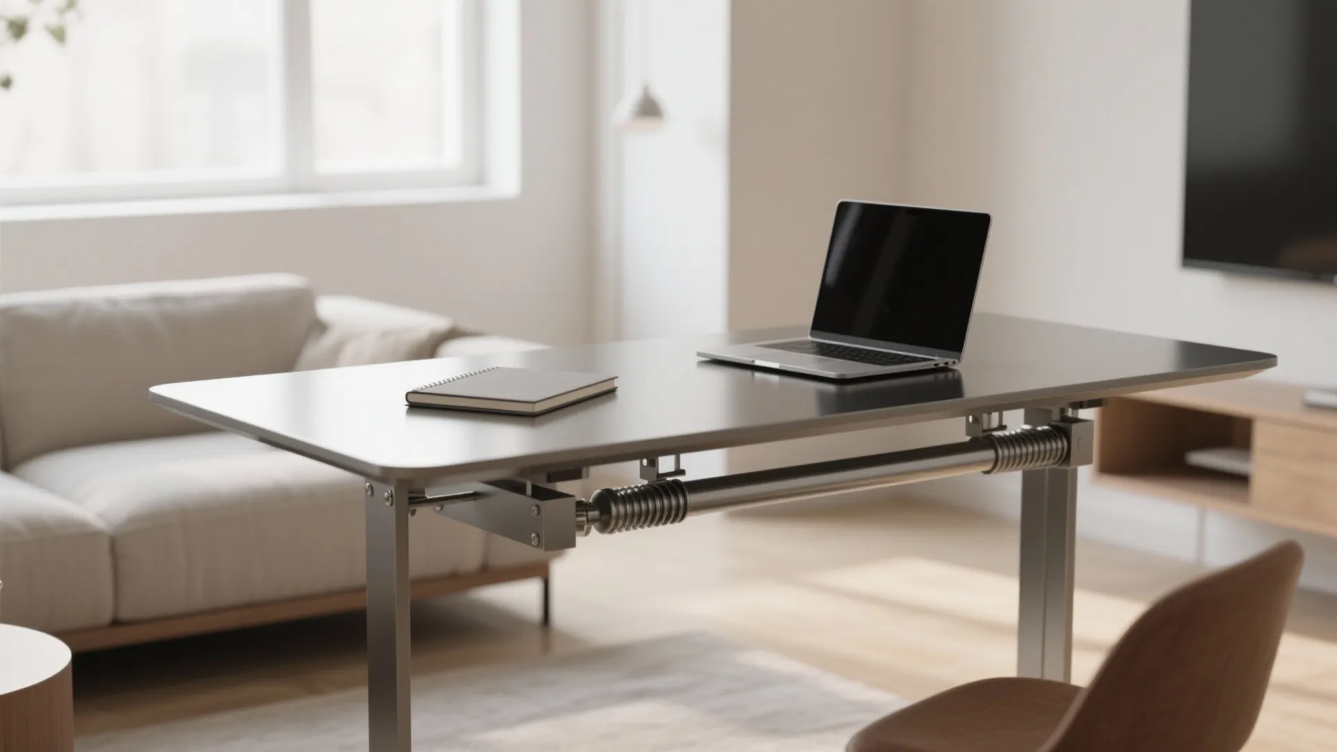 Adjustable grey desk with a laptop and notebook in a bright living room with a sofa