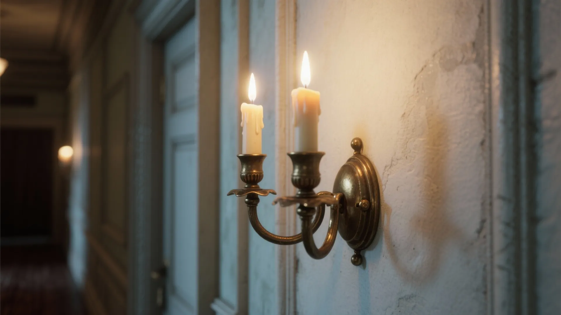 Electric reproduction gaslight sconce with candle-shaped LED bulbs in a historic-feel hallway.